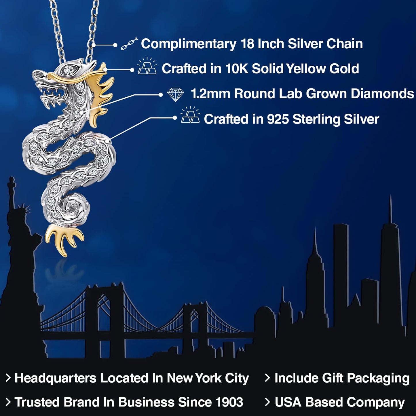 Gem Stone King Dragon Necklace with Lab Grown Diamond In 925 Sterling Silver and 10K Gold By Keren Hanan | Dragon Pendant Symbolize Luck Strength and Success | With 18 Inch Chain