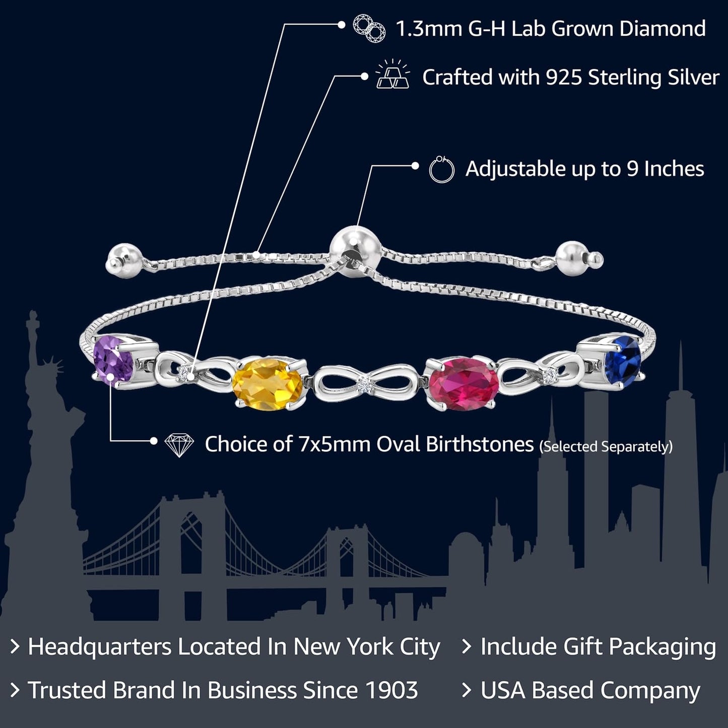 Gem Stone King 925 Sterling Silver Customized and Personalized 4 Gemstone Birthstone and White Lab Grown Diamond Infinity Tennis Bracelet For Women (3.02 Cttw, Fully Adjustable Up to 9 Inch)