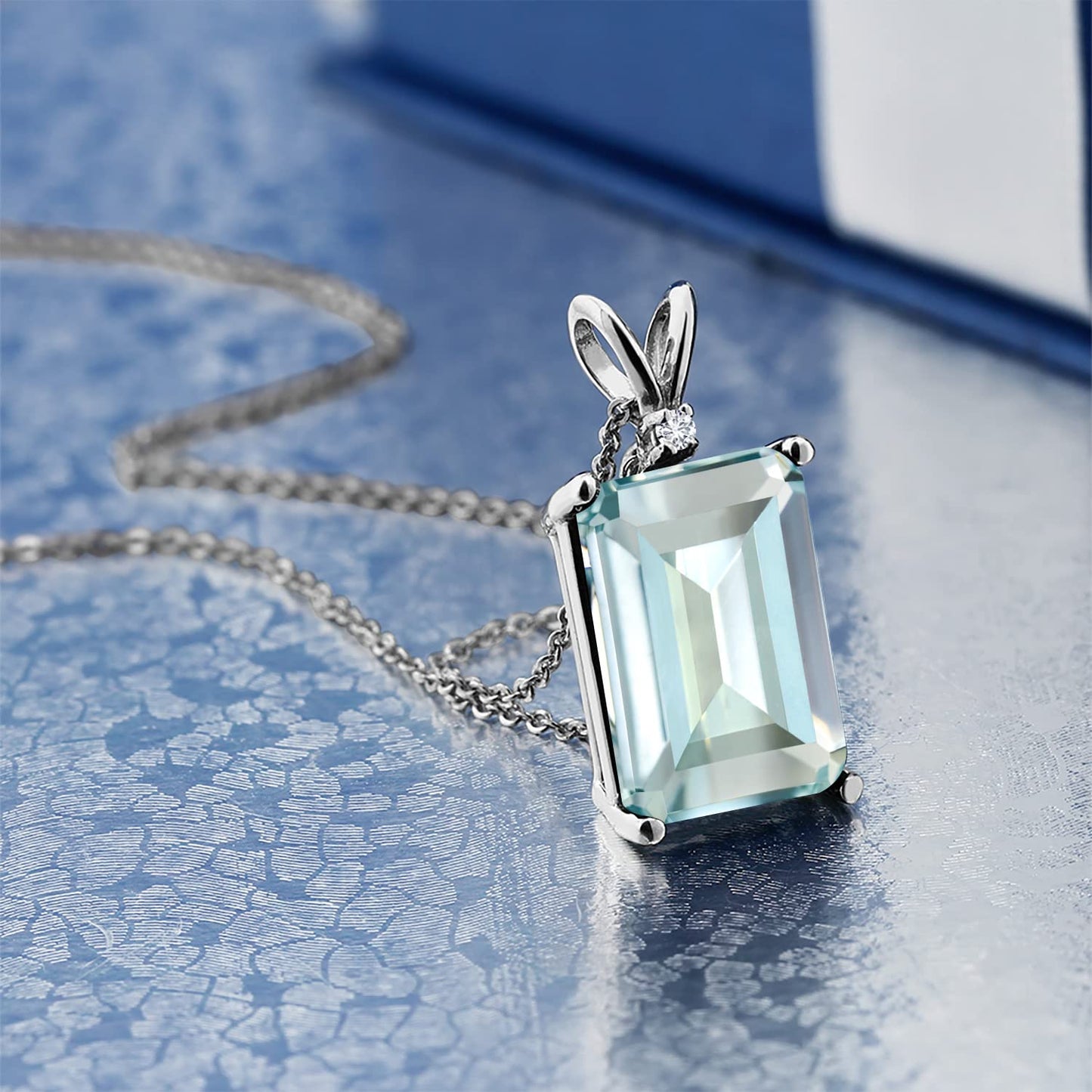 Gem Stone King 14X10MM Emerald Cut Gemstone Birthstone and White Diamond Necklace | 925 Sterling Silver | Pendant Necklace for Women | With 18 Inch Silver Chain