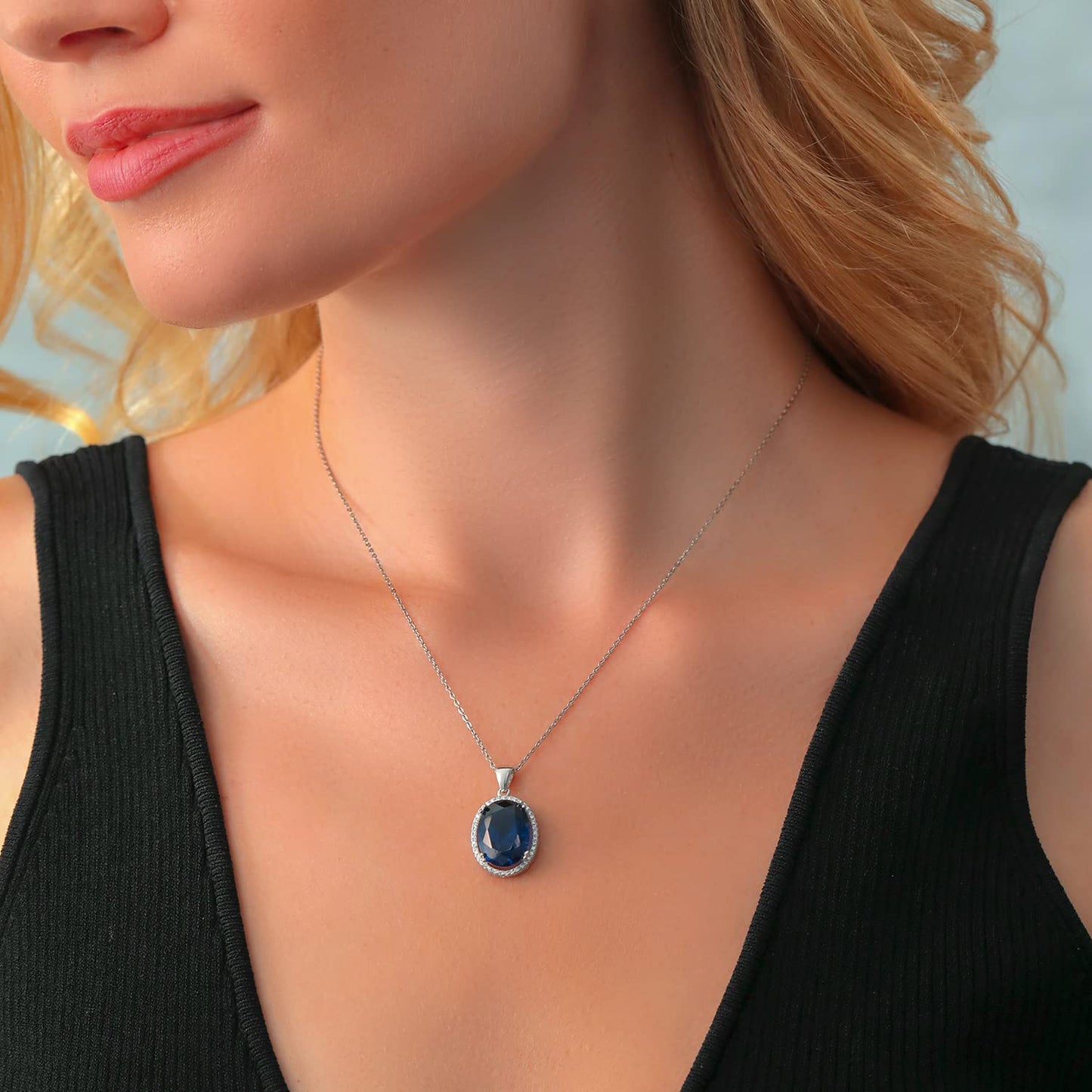 Gem Stone King 10.00 Cttw Blue Created Sapphire Pendant Necklace For Women | 925 Sterling Silver | Oval 12X16MM | With 18 Inch Silver Chain