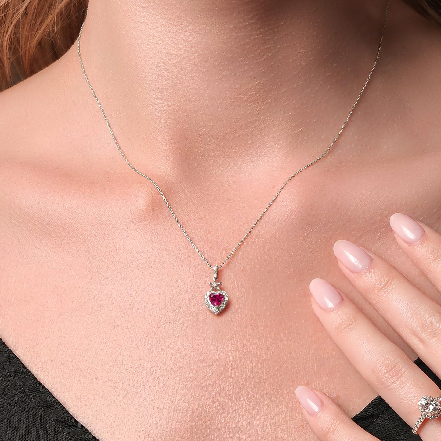 Gem Stone King 10K White Gold Red Created Ruby and White Lab Grown Diamond Pendant Necklace For Women (0.71 Cttw, Heart Shape 5MM, with 18 Inch Chain)