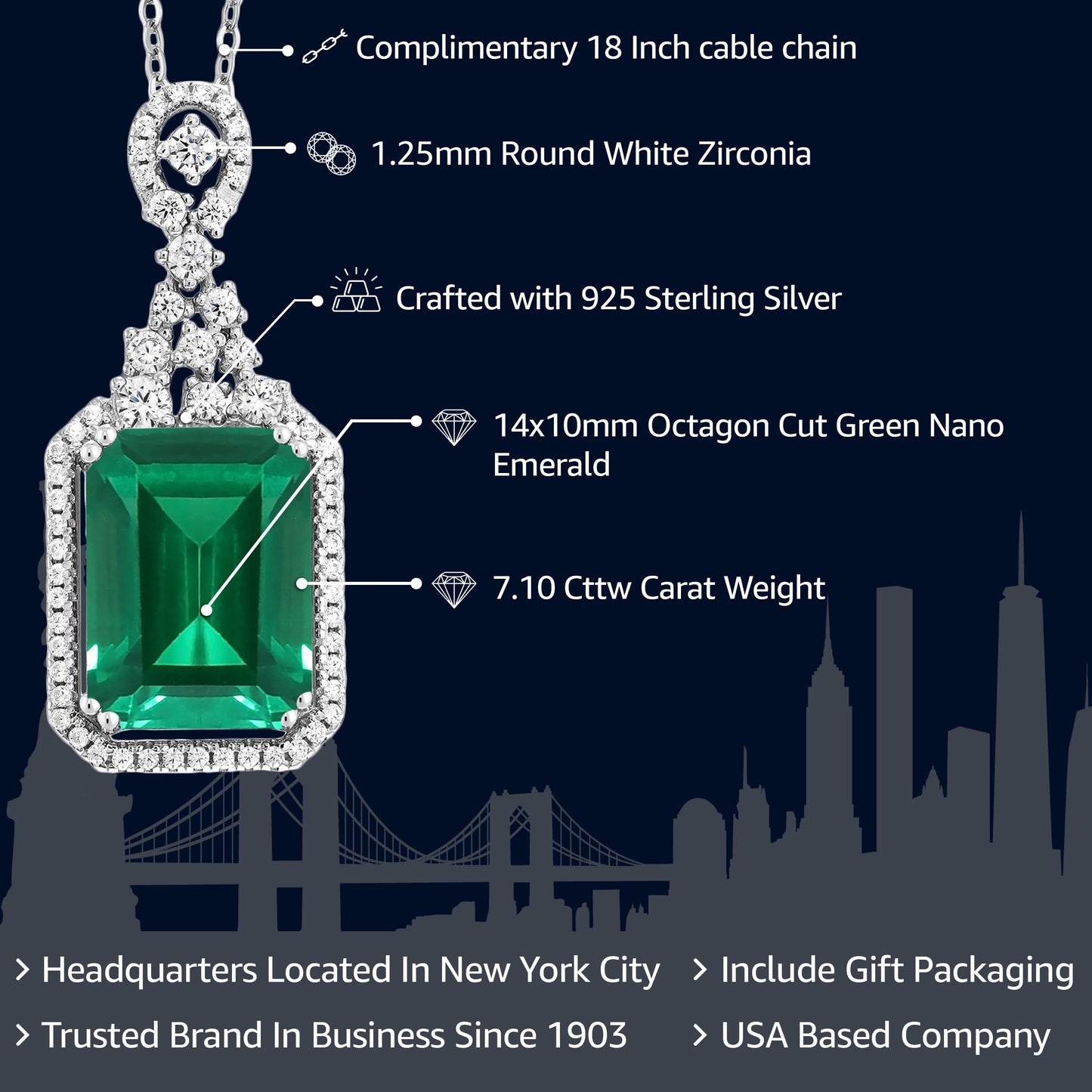 Gem Stone King 925 Sterling Silver Green Simulated Emerald Pendant Necklace For Women (7.10 Cttw, Emerald Cut 14X10MM, with 18 Inch Silver Chain)