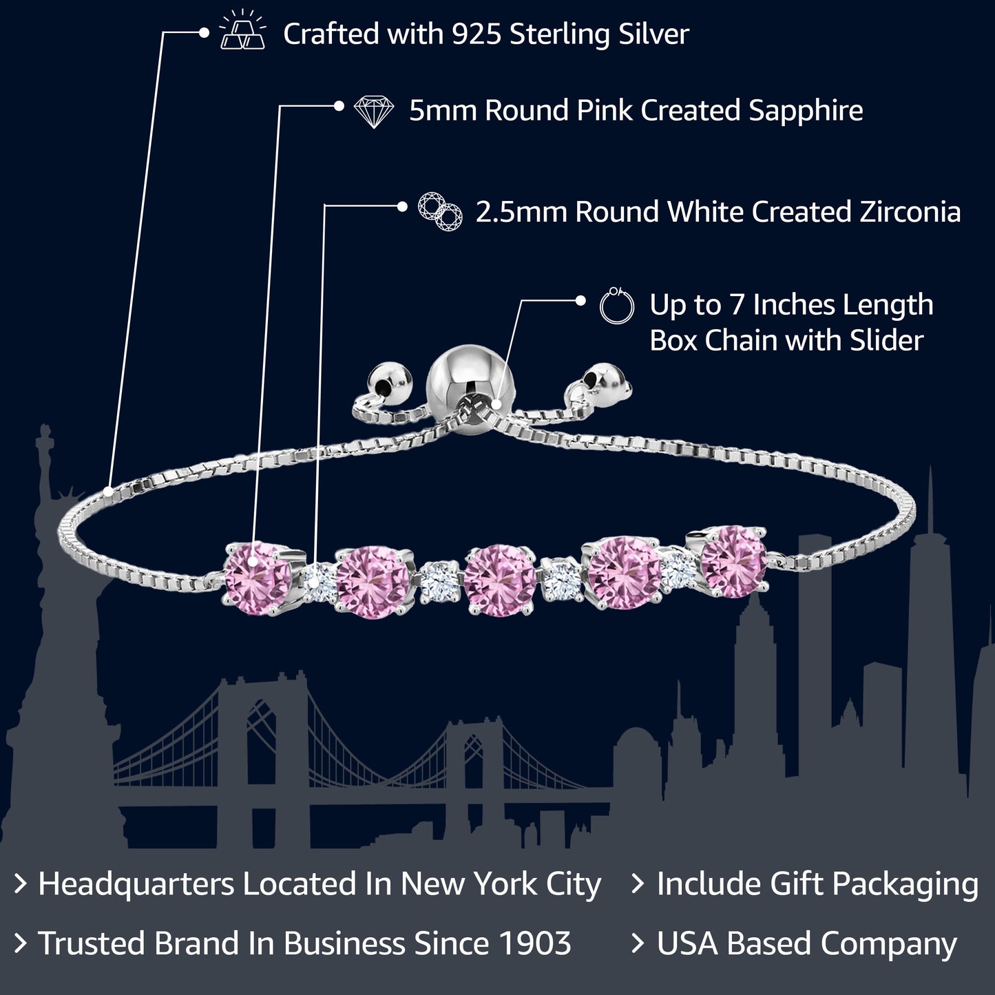 Gem Stone King 925 Sterling Silver Pink Created Sapphire Tennis Bracelet For Women (2.95 Cttw, Round 5MM and 2.5MM, Fully Adjustable Up to 9 Inch)