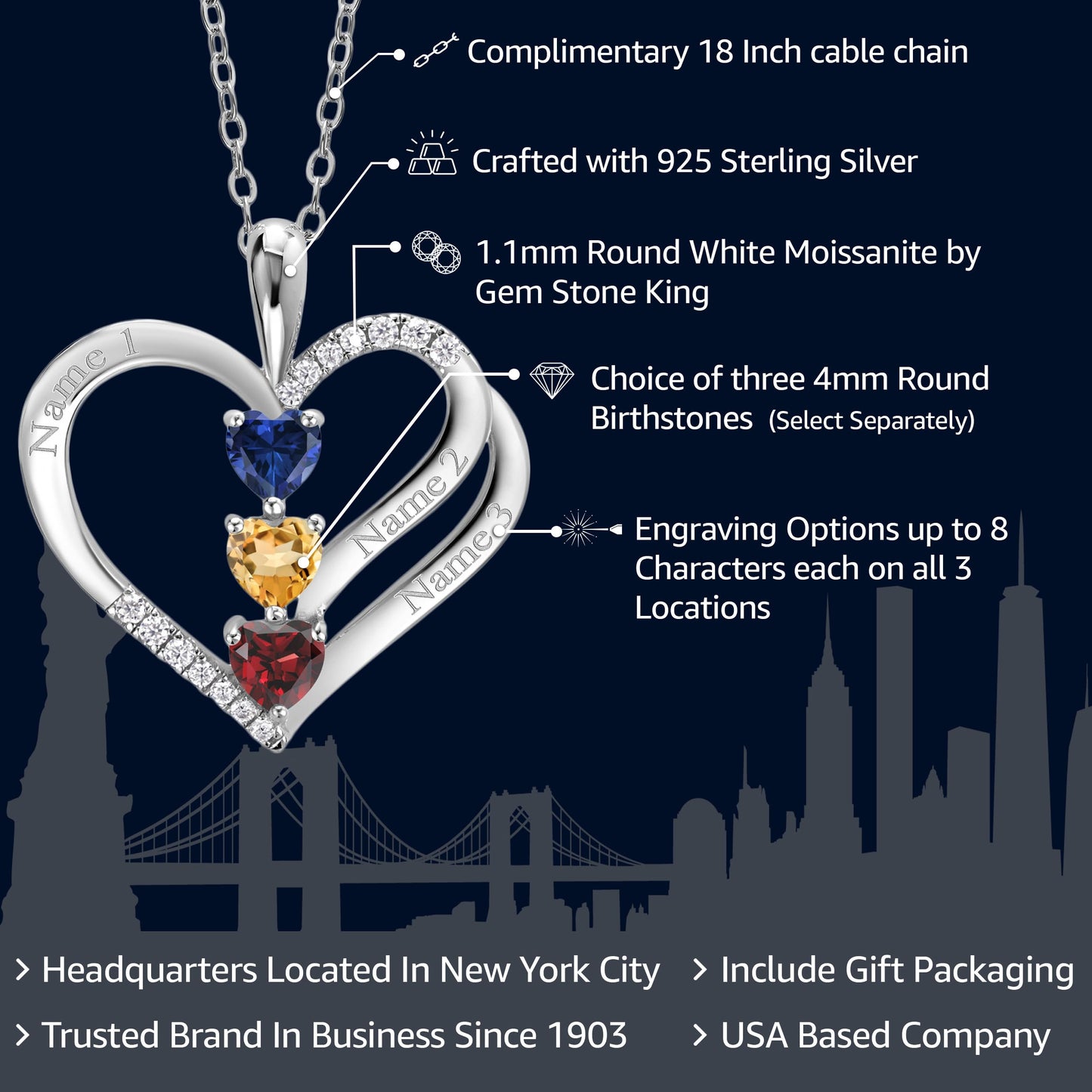 Gem Stone King 925 Sterling Silver Customized and Personalized 3 Stone 4MM Heart Shape Gemstone Birthstone and White Moissanite Name Engraveable Pendant Necklace For Women