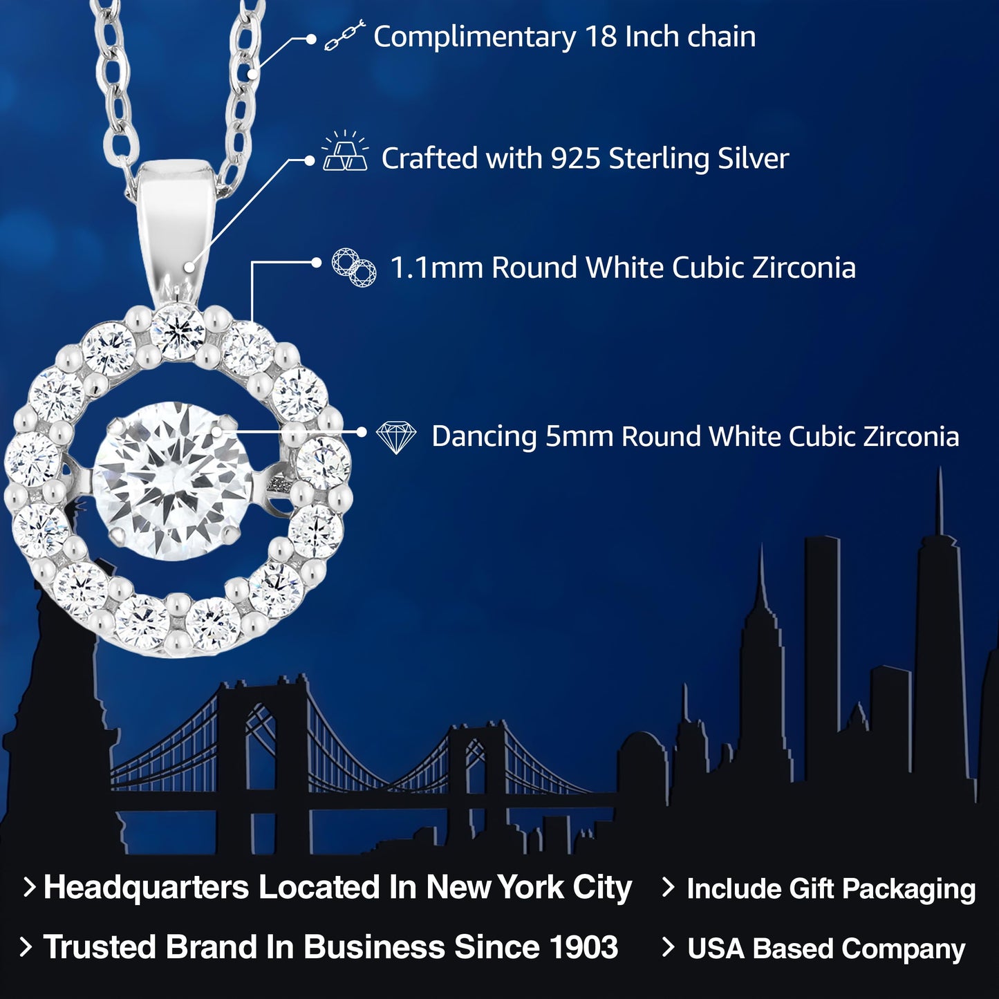 Gem Stone King Dancing 925 Sterling Silver White Cubic Zirconia CZ Pendant Necklace For Women With Complimentary 18 Inch Chain