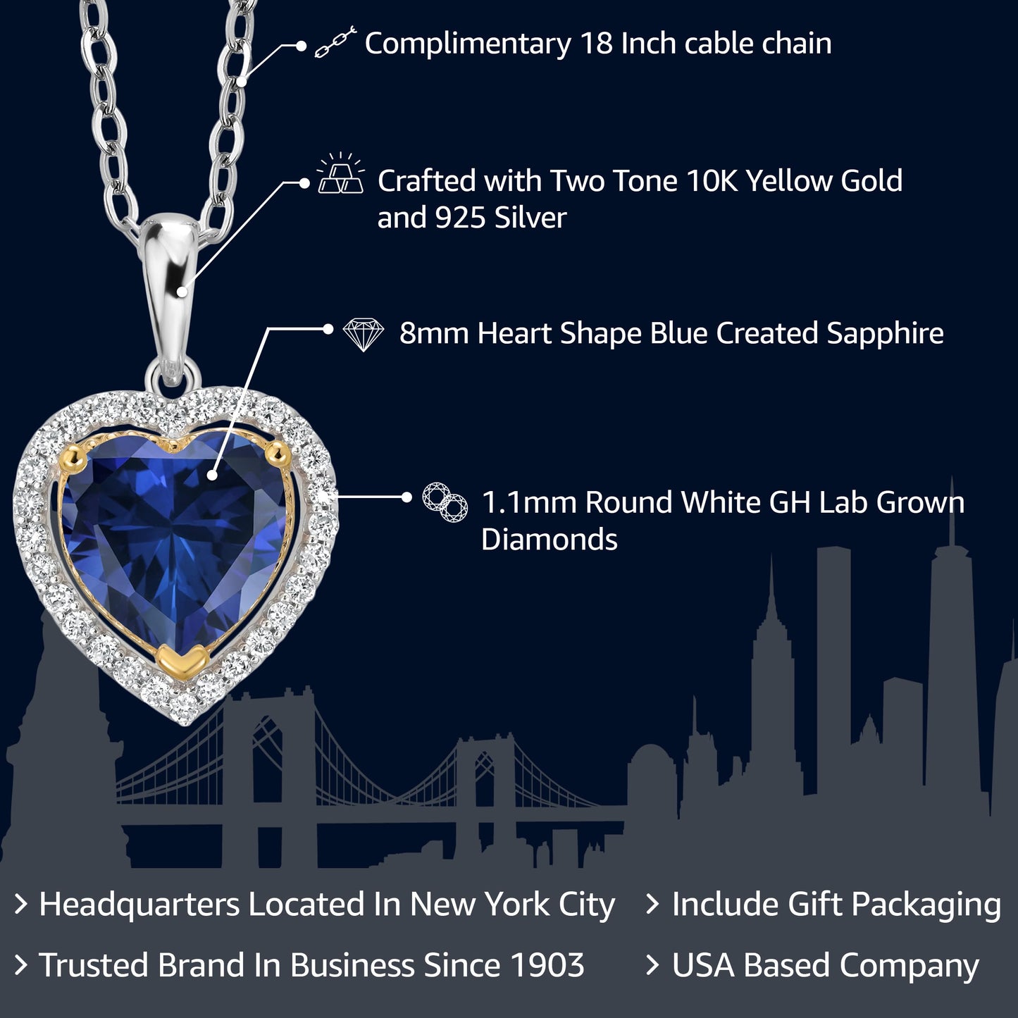 Gem Stone King 925 Sterling Silver and 10K Yellow Gold 8MM Heart Shape Gemstone Birthstone and White Lab Grown Diamond Pendant Necklace For Women with 18 Inch Chain