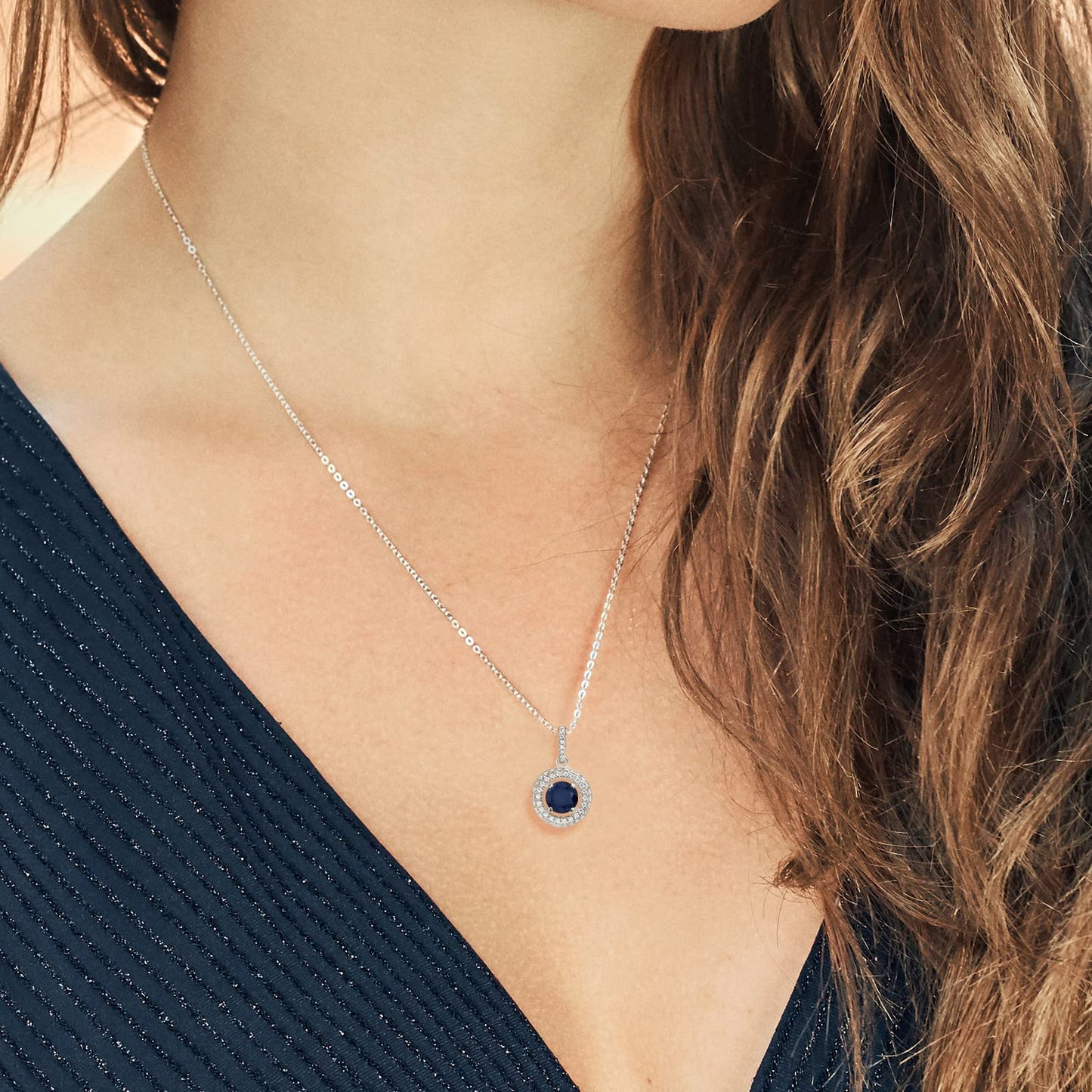 Gem Stone King 925 Sterling Silver Round Blue Sapphire and White Moissanite Pendant Necklace For Women (1.35 Cttw, Gemstone Birthstone, with 18 Inch Chain)