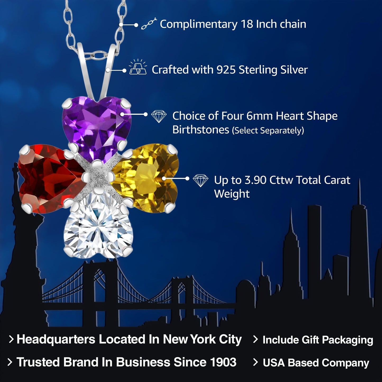 Gem Stone King 925 Sterling Silver Customized and Personalized 4 Gemstone Birthstone Fashion Love Mothers Flower Blossom Heart Shape Pendant Necklace For Women with 18 Inch Silver Chain