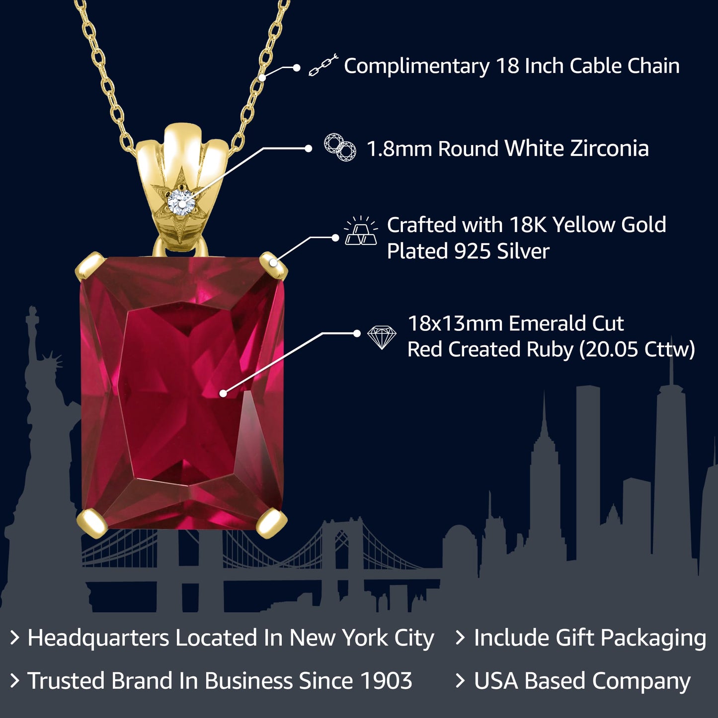 Gem Stone King 18K Yellow Gold Plated Silver Red Created Ruby Pendant Necklace For Women (20.05 Cttw, Emerald Cut 18X13MM, with 18 Inch Silver Chain)