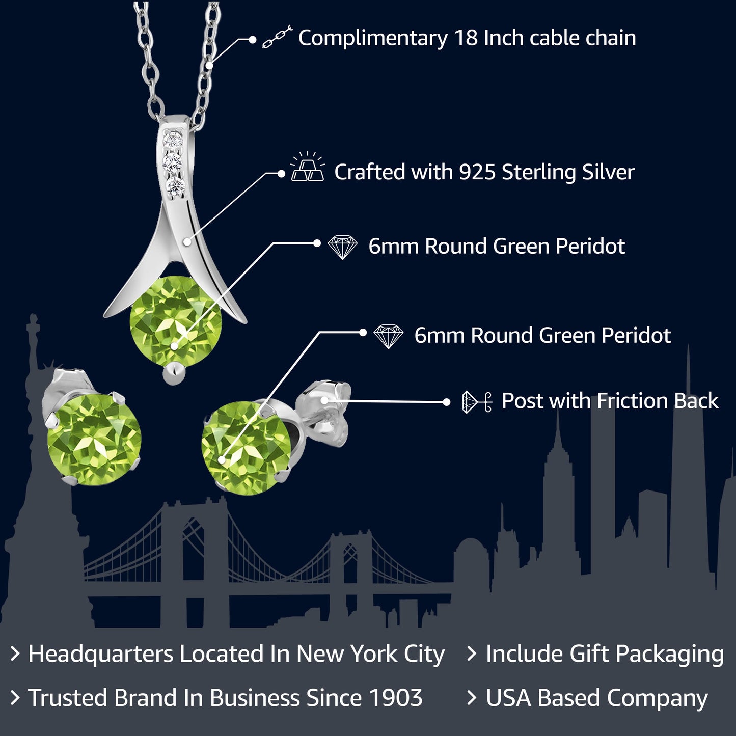 Gem Stone King 925 Sterling Silver Green Peridot Pendant and Earrings Set For Women (3.00 Cttw, Round Gemstone Birthstone, with 18 Inch Chain)