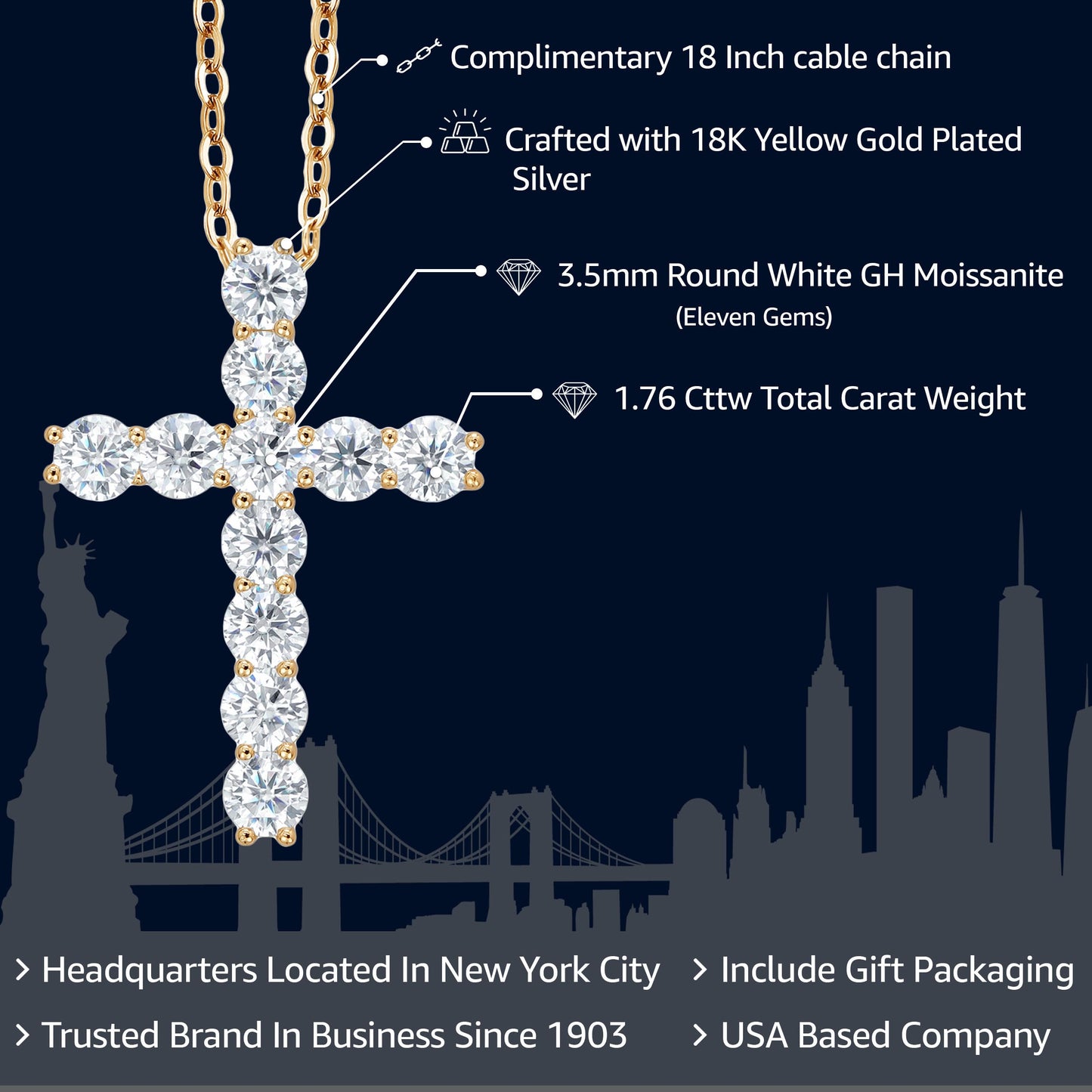 Gem Stone King 18K Yellow Gold Plated Silver White Round Moissanite Cross Pendant Necklace (1.76 Cttw, with 18 Inch Silver Chain, 1 Inch)