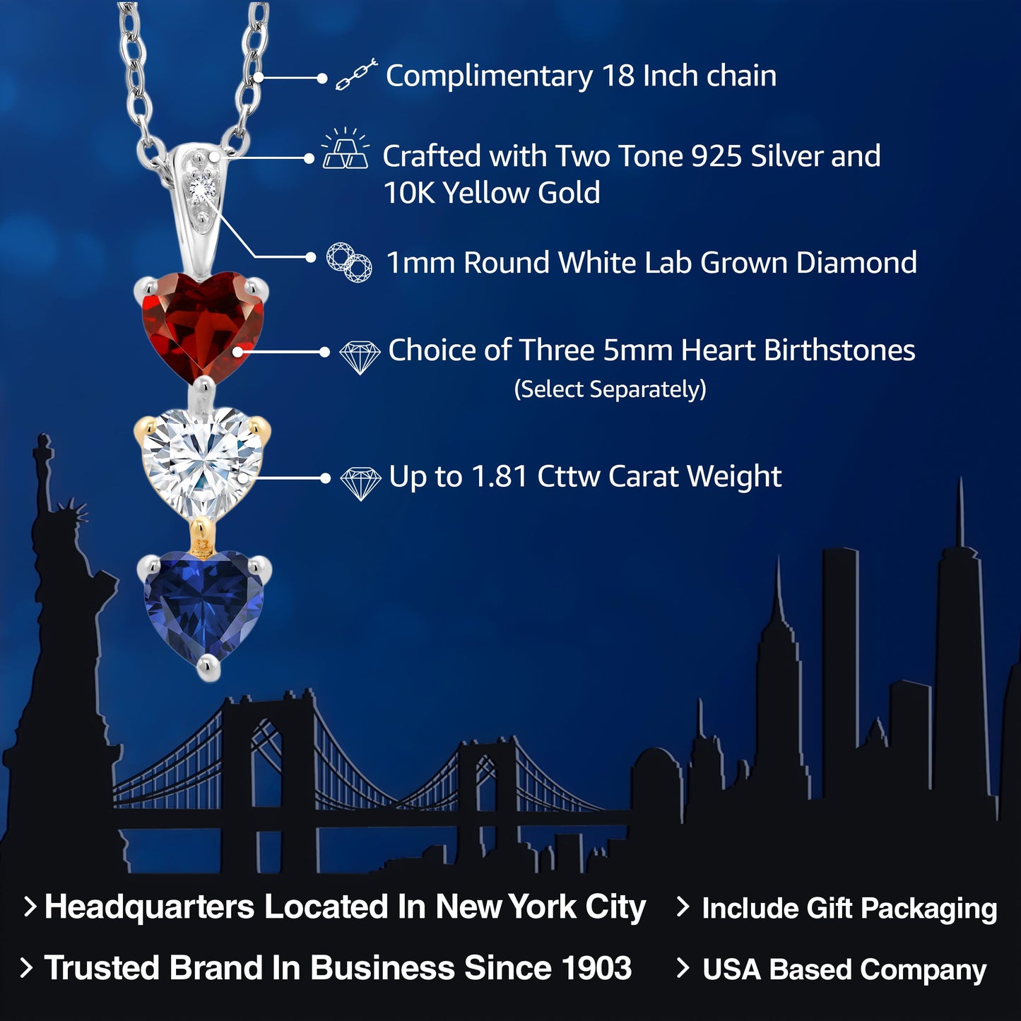 Gem Stone King 925 Sterling Silver and 10K Yellow Gold 2 Tone Personalized Keren Hanan 3-Stone Heart Shape Birthstones and Lab Diamond Pendant Necklace For Women with 18 Inch Chain