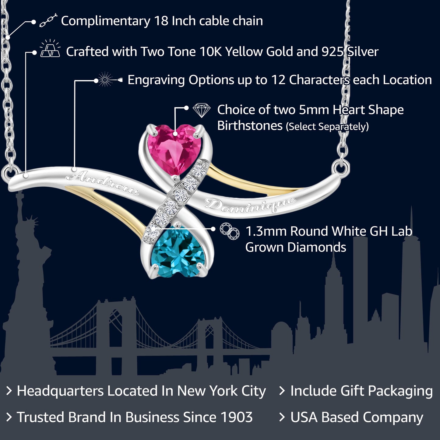 925 Sterling Silver and 10K Yellow Gold Customized and Personalized Name Engraved 2-Stone Heart Shape Gemstone Birthstone and Lab Grown Diamond Mothers Pendant Necklace For Women with 18 Inch Chain