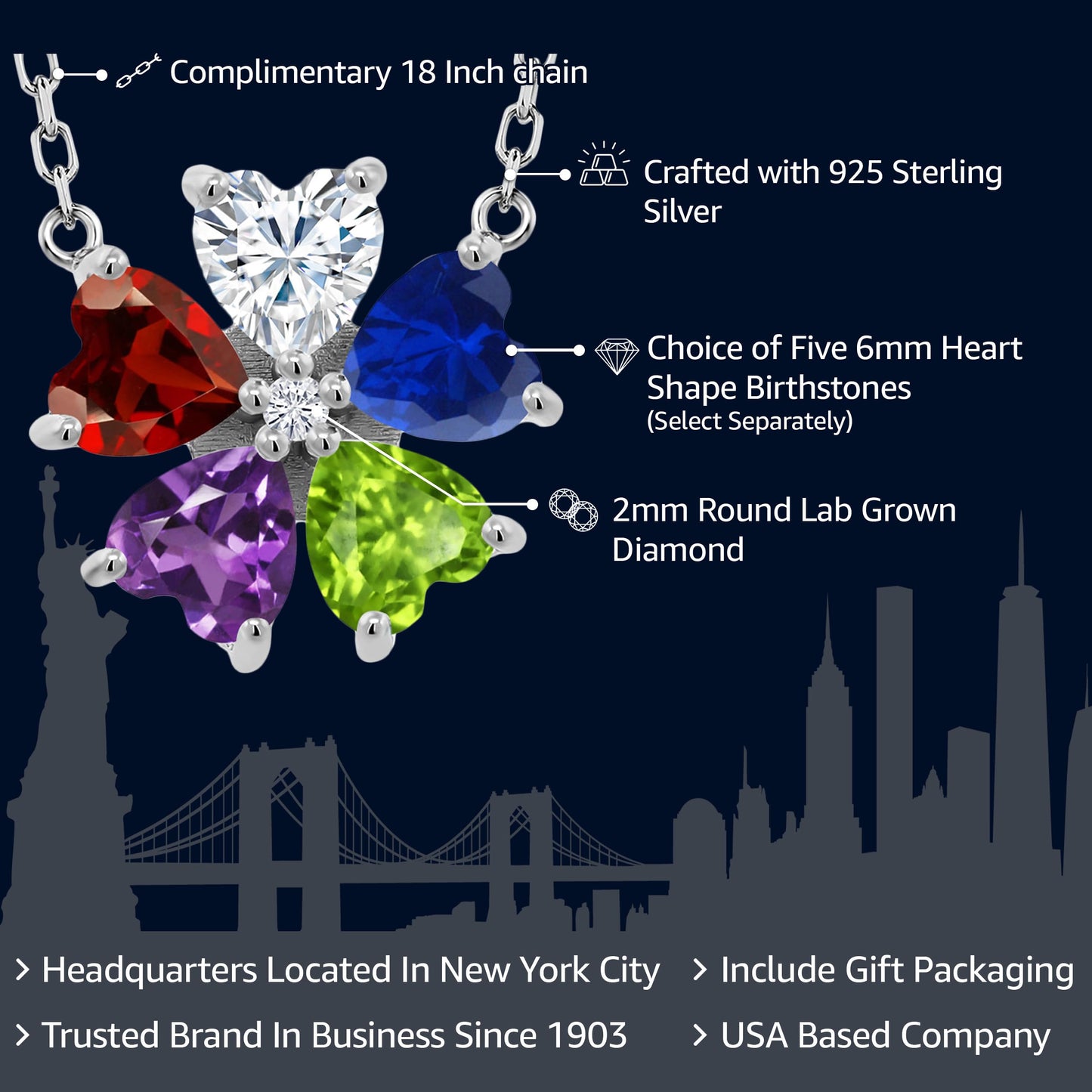 Gem Stone King 925 Sterling Silver Customized and Personalized 5-Stone Heart Shape Gemstone Birthstone and Lab Grown Diamond Necklace For Women With 18 Inch Chain