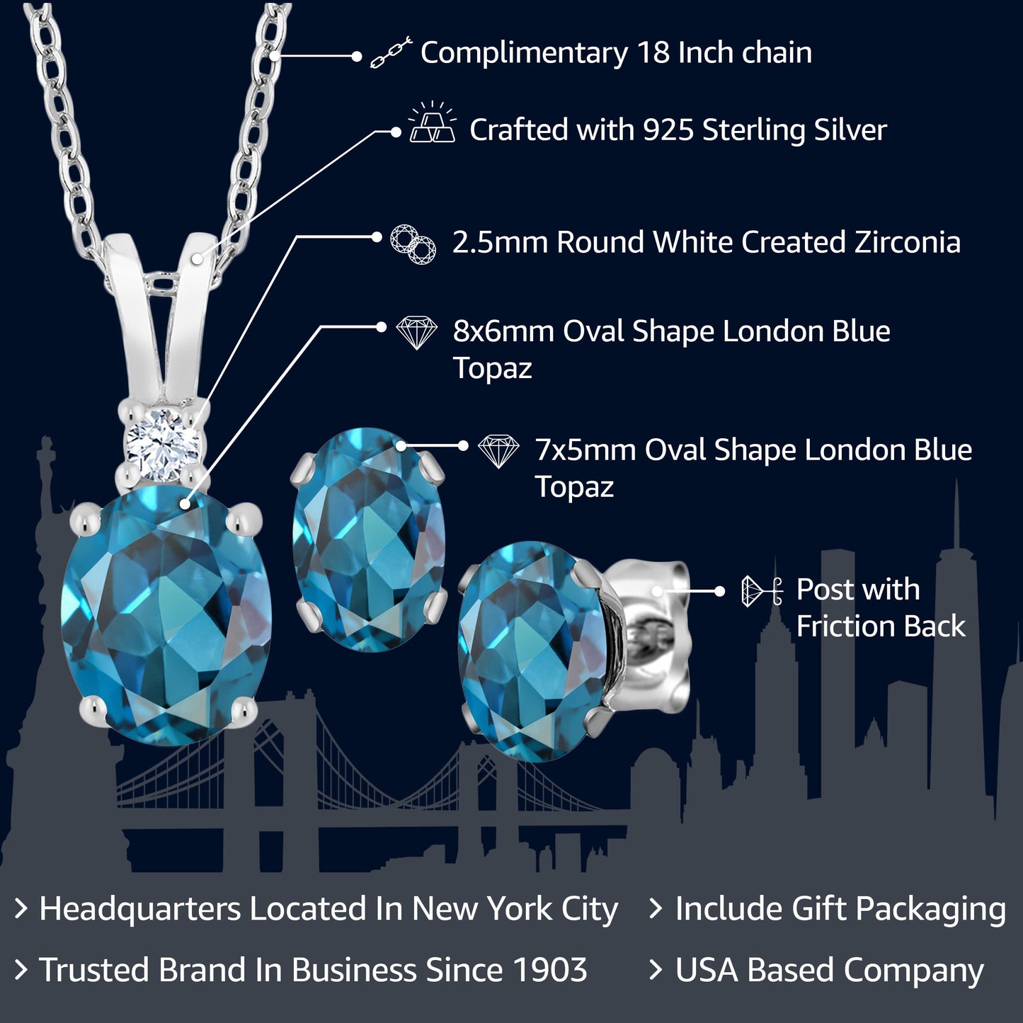 Gem Stone King 925 Sterling Silver London Blue Topaz Pendant and Earrings Jewelry Set For Women | 3.15 Cttw | Gemstone Birthstone | With 18 Inch Silver Chain