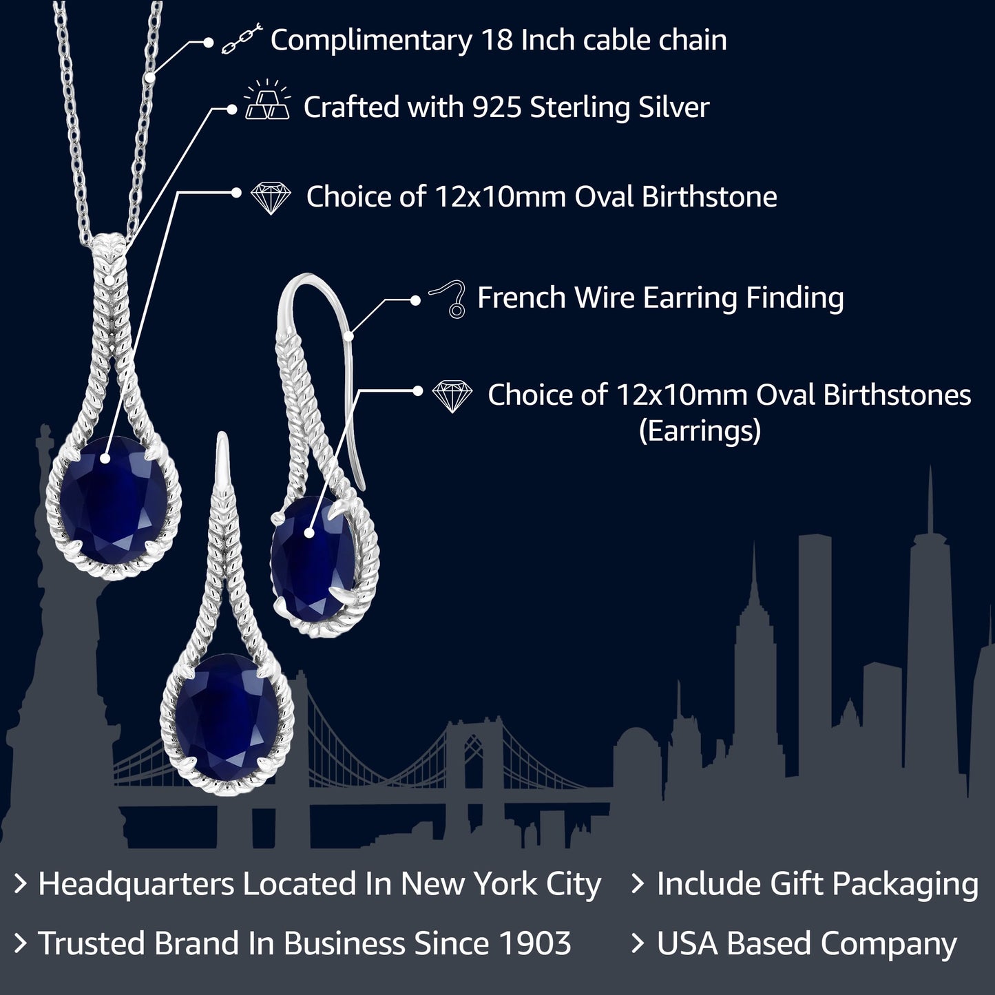 Gem Stone King 15.00 Cttw Blue Sapphire Pendant and Earrings Jewelry Set For Women In 925 Sterling Silver | Gemstone Birthstone | Oval 12X10MM | With 18 inch Silver Chain