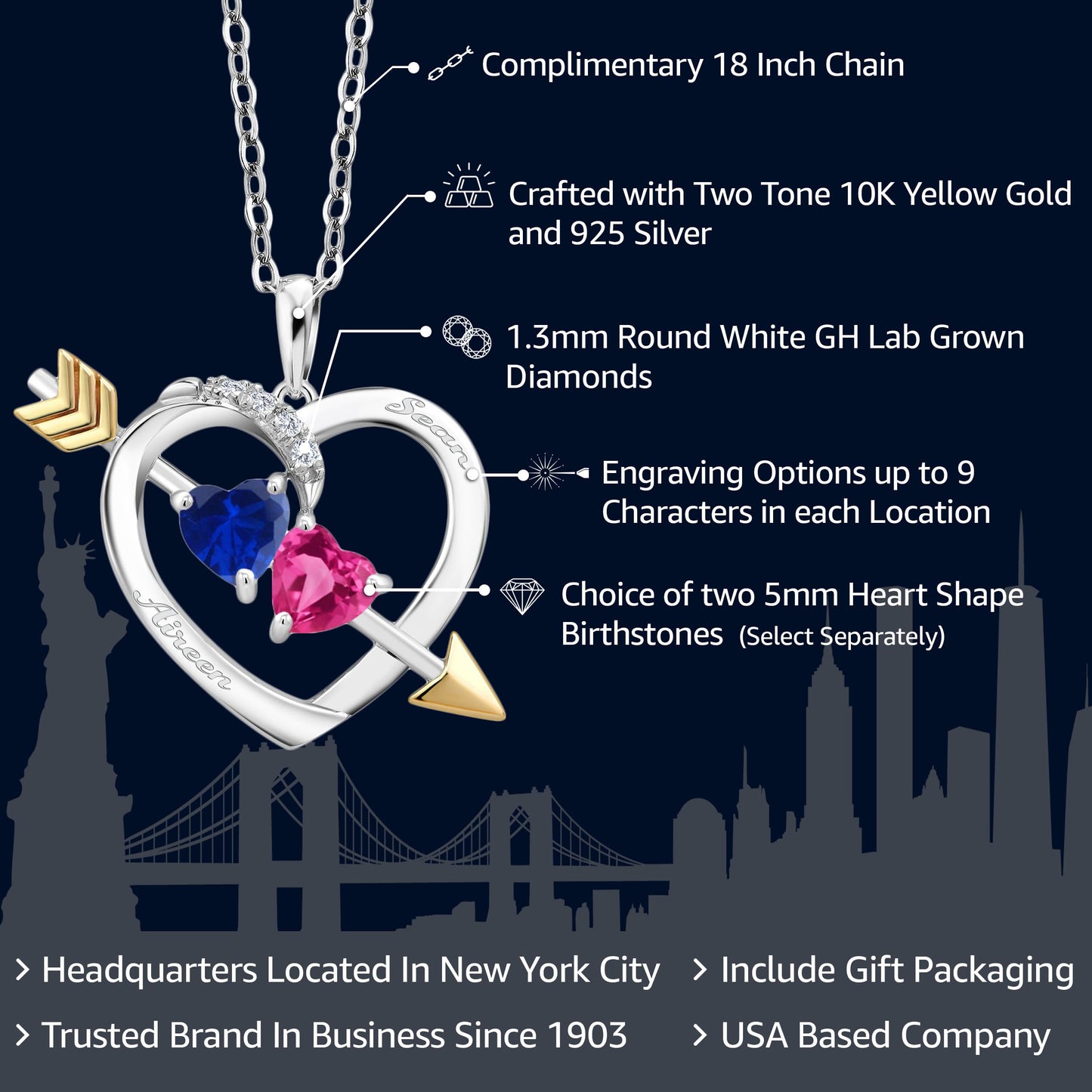 Gem Stone King 925 Silver and 10K Yellow Gold Customized and Personalized Double Heart Shape Gemstone Birthstone and White Lab Grown Diamond Name Engraved Pendant Necklace For Women with 18 Inch Chain