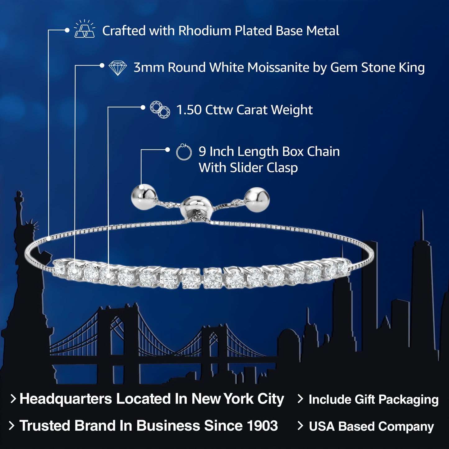 Gem Stone King Moissanite Tennis Bracelet For Women Bridal Wedding Fashion with Box Chain and Slider (1.50 Cttw, Round 3MM, Fully Adjustable Up to 9 Inch)