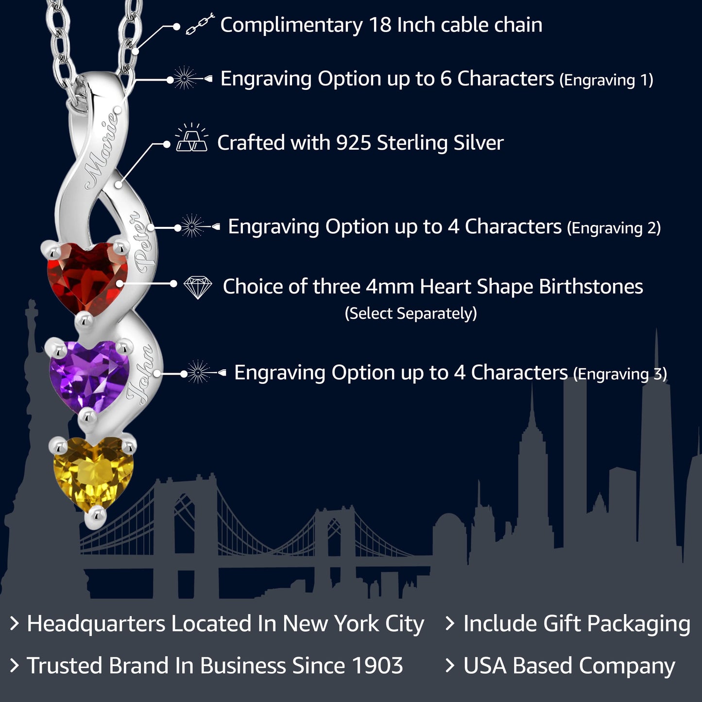 Gem Stone King 925 Sterling Silver 4MM Heart Gemstone Birthstone Three Stone Pendant Necklace For Women with 18 Inch Silver Chain