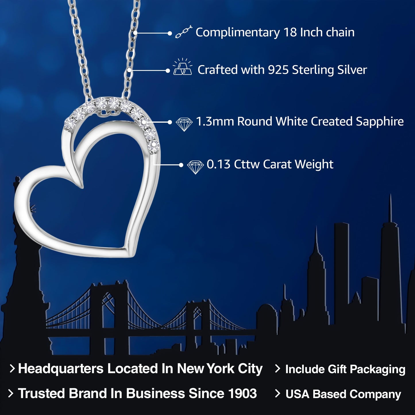 Gem Stone King Keren Hanan 925 Sterling Silver Created Sapphire Double Heart Shape Love Pendant Necklace For Women (0.13 Cttw, with 18 Inch Silver Chain)