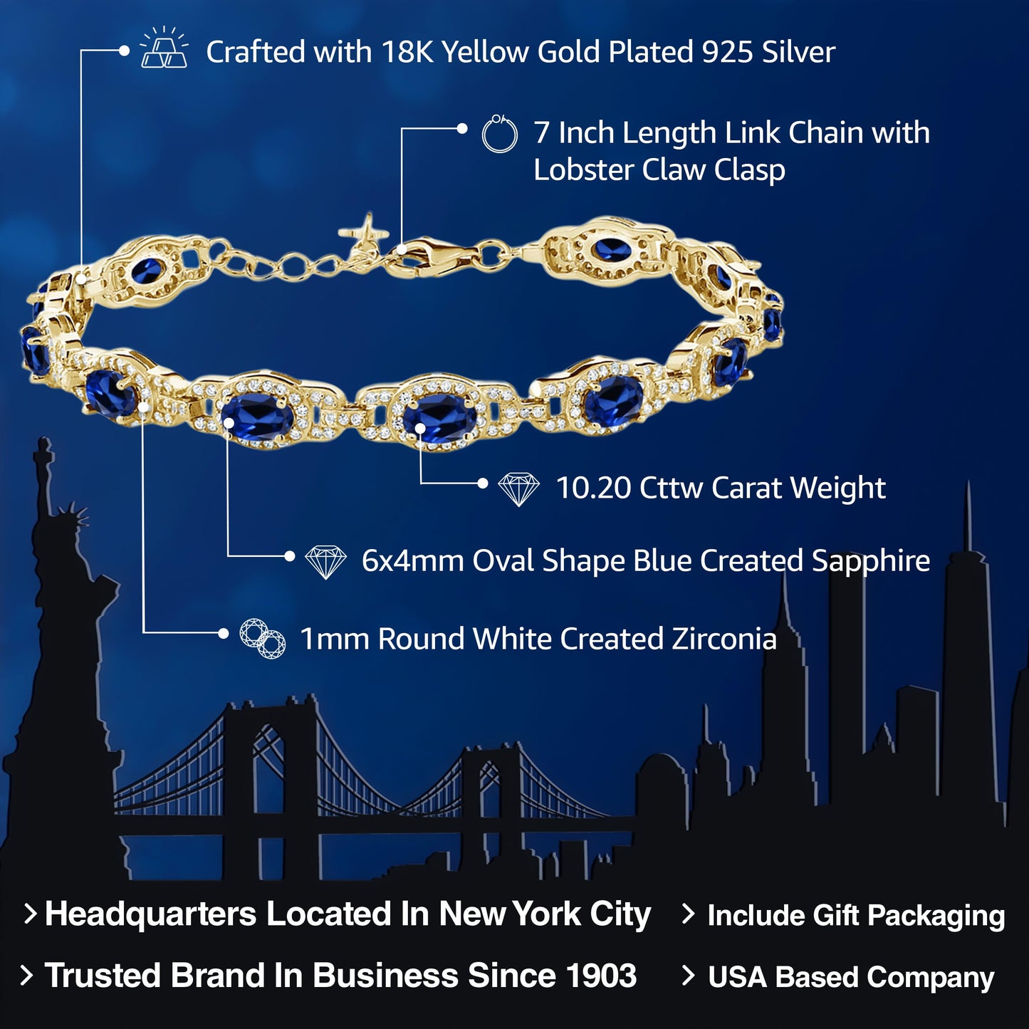 Gem Stone King 18K Yellow Gold Plated Silver Blue Created Sapphire Tennis Bracelet For Women (10.20 Cttw, 7 Inch With 1 Inch Extender)