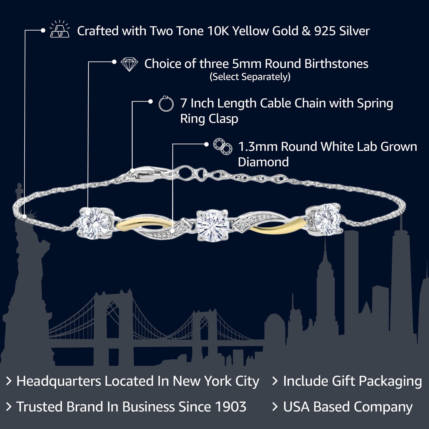 Gem Stone King 2-Tone 925 Sterling Silver and 10K Yellow Gold Lab Grown Diamond and White Moissanite Tennis Bracelet For Women (1.54 Cttw, E-F Color, 7 Inch, with 1 Inch Extender)