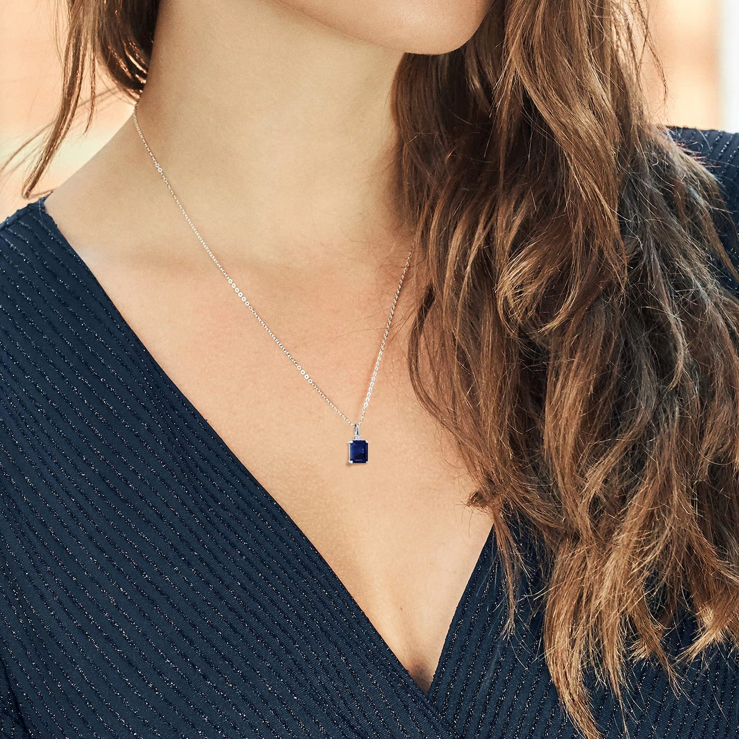 Gem Stone King 925 Silver Blue Sapphire and White Lab Grown Diamond Pendant Necklace For Women (3.49 Cttw, Gemstone September Birthstone, Emerald Cut 10X8MM with 18 Inch Silver Chain)