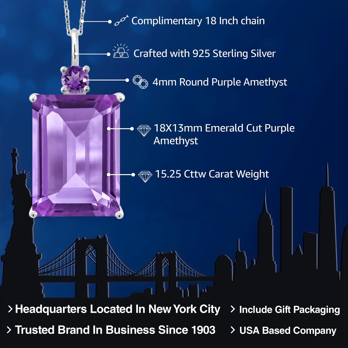 Gem Stone King 925 Sterling Silver Purple Amethyst Pendant Necklace For Women (15.25 Cttw, Emerald Cut 18X13MM, With 18 Inch Silver Chain)