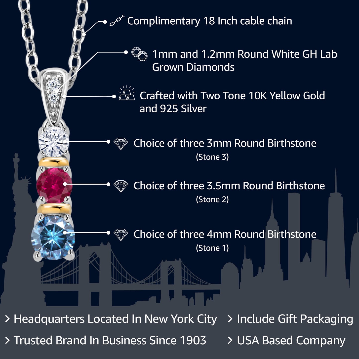 Gem Stone King 925 Sterling Silver and 10K Yellow Gold Build your Own Personalized Round Birthstones and White Lab Grown Diamond 3 Stone Pendant Necklace For Women