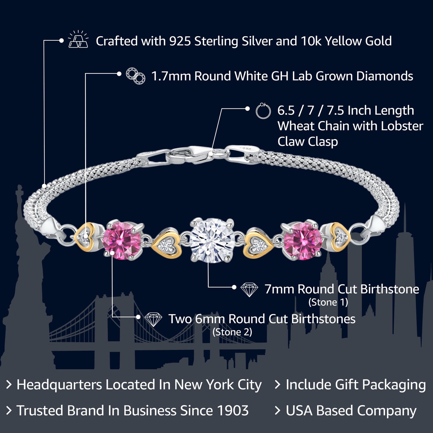 925 Sterling Silver and 10k Yellow Gold Customized and Personalized Round 7MM and 6MM Gemstone Birthstone and White Lab Grown Diamond Bracelet For Women with 6.5, 7, and 7.5 Inch Length, Made In Italy