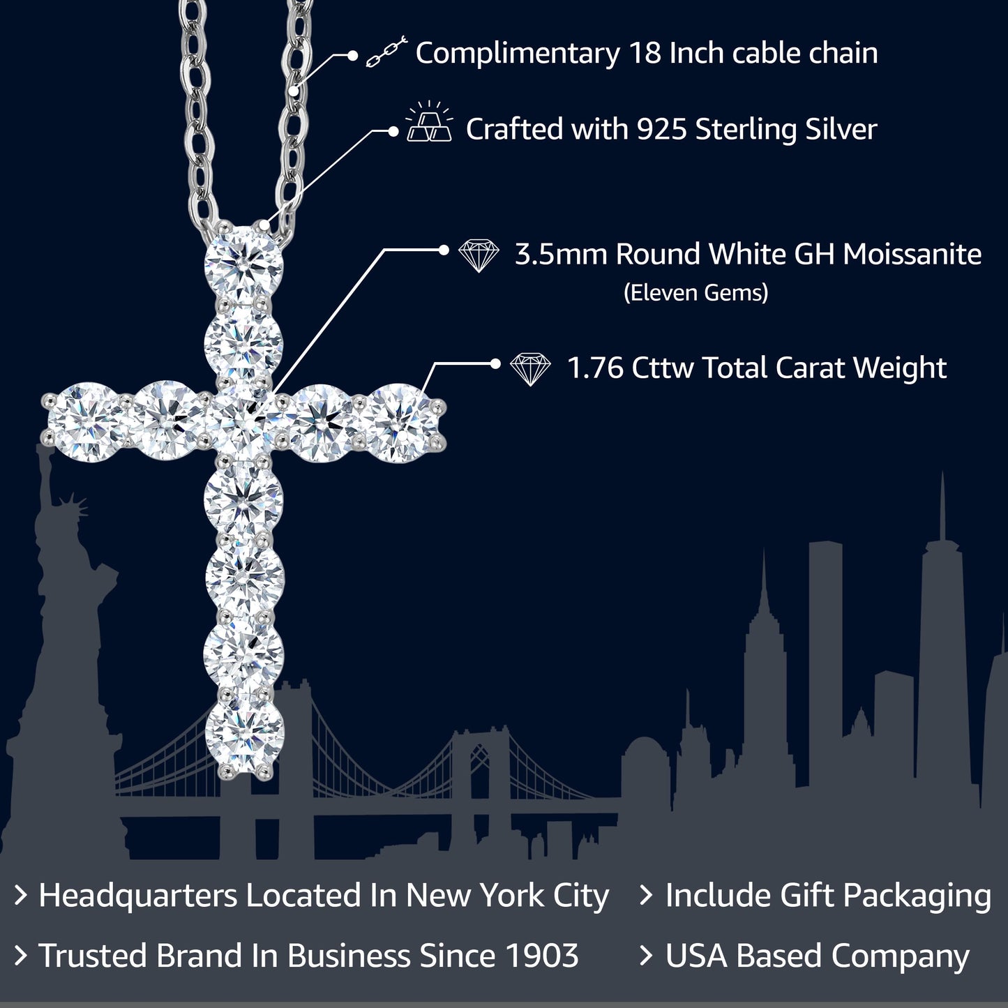 Gem Stone King Moissanite Cross Necklace | 925 Sterling Silver | 1.76 Cttw | 1 Inch | Jesus Christian Reiligous Crucifix Jewelry Pendant Necklace for Women | with 18 Inch Silver Chain