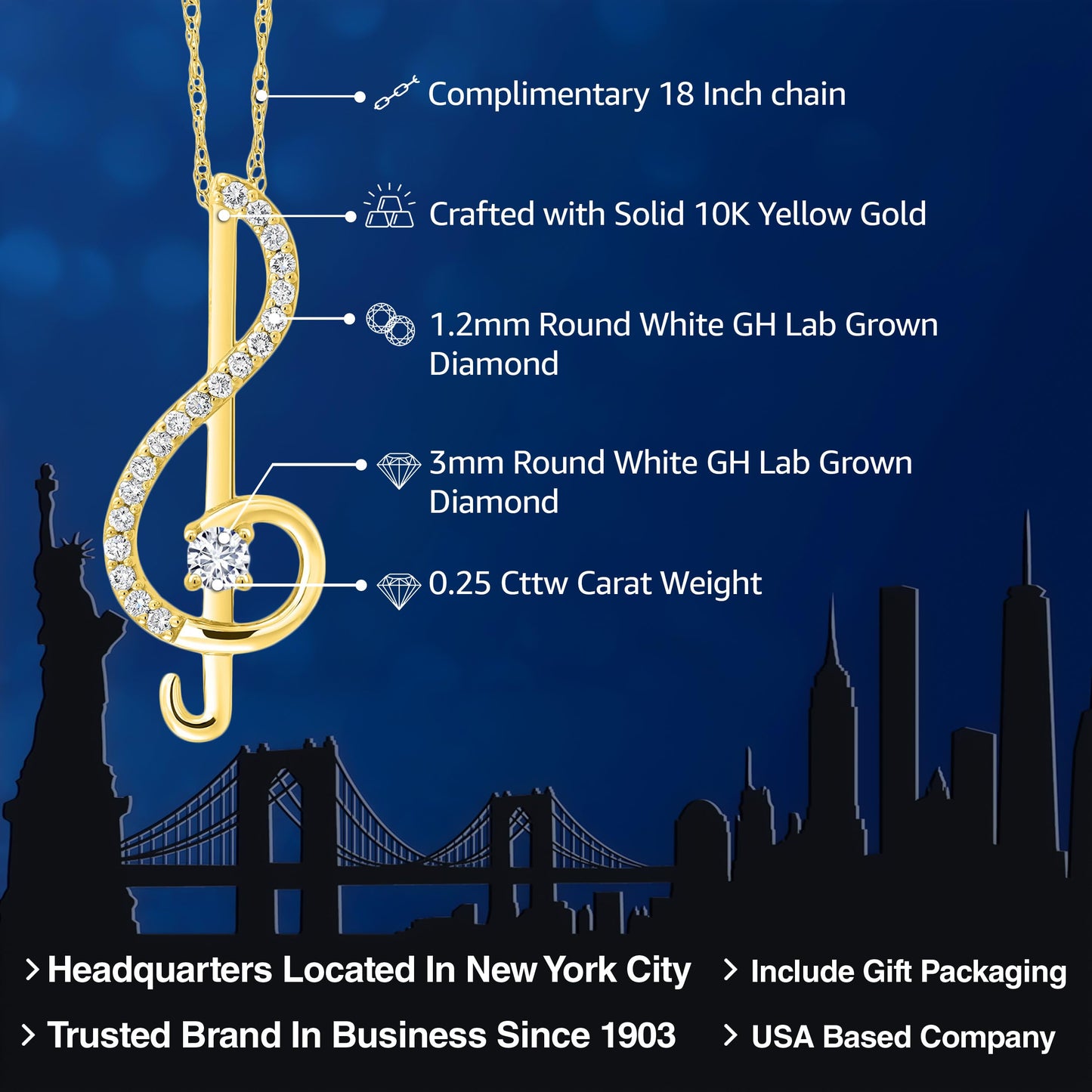 Gem Stone King 10K Gold 3MM Round Gemstone Birthstone and White Lab Grown Diamond Treble Clef Pendant Necklace Music Note Jewelry Gift For Women By Keren Hanan