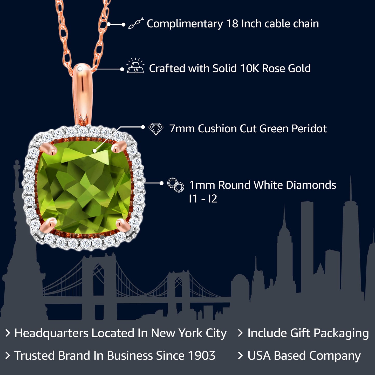 Gem Stone King 10K Rose Gold Gemstone Birthstone and White Diamond Halo Pendant Necklace | Cushion Cut 7MM | Rose Gold Necklace for Women | With 18 Inch Chain