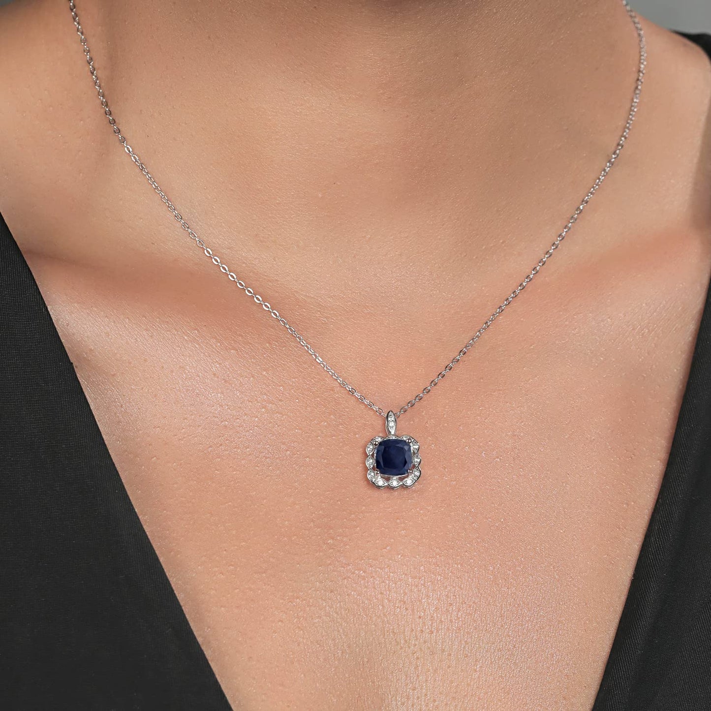 Gem Stone King 925 Sterling Silver Blue Sapphire Pendant Necklace For Women (2.99 Cttw, Cushion 8MM, with 18 Inch Chain) Blue and White