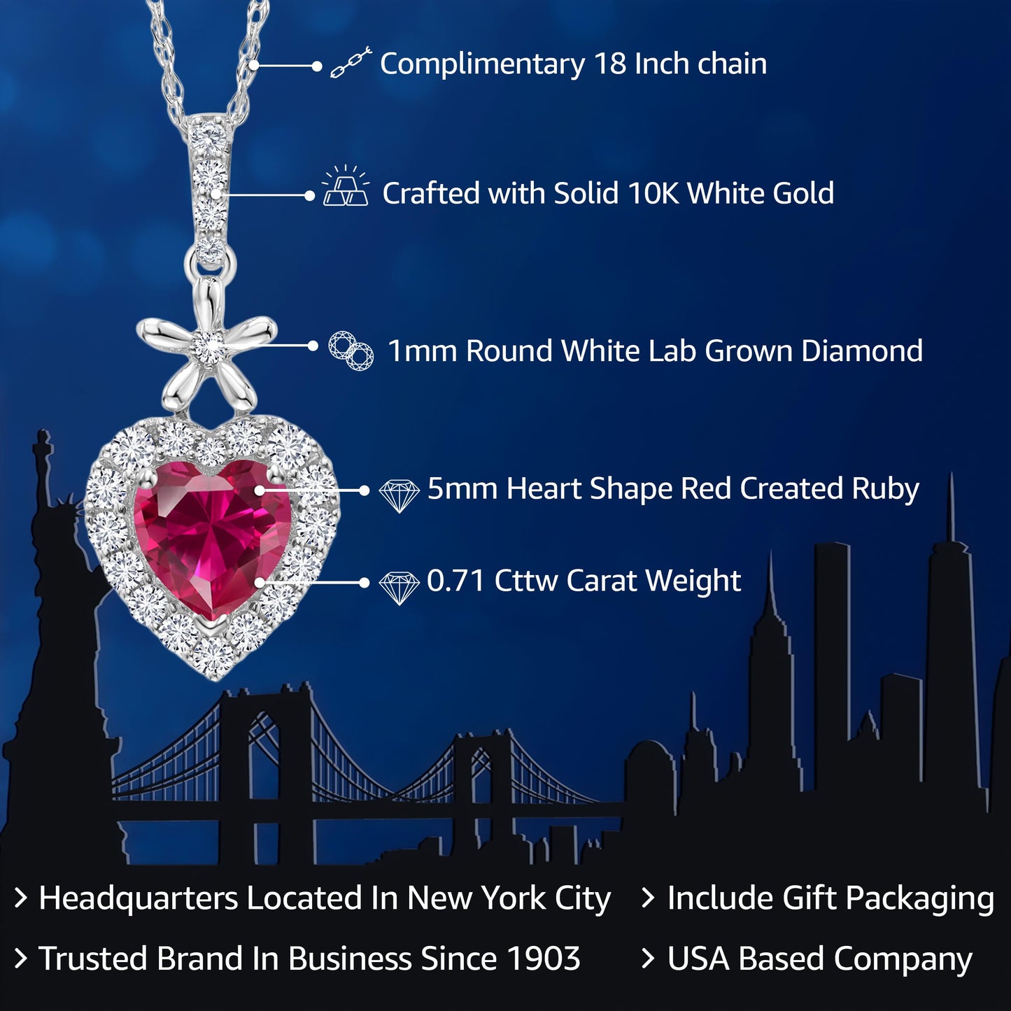 Gem Stone King 10K White Gold Red Created Ruby and White Lab Grown Diamond Pendant Necklace For Women (0.71 Cttw, Heart Shape 5MM, with 18 Inch Chain)