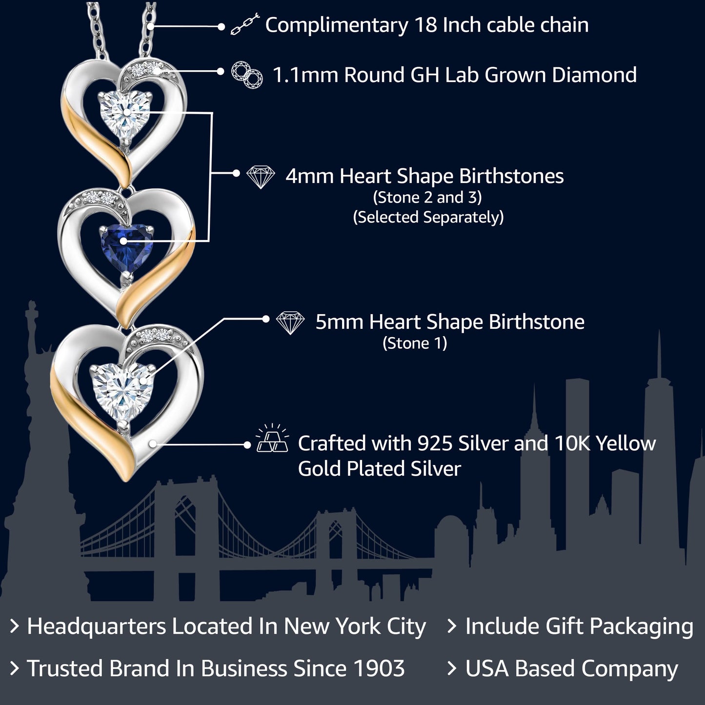 Gem Stone King 925 Silver and 10k Yellow Gold Customized and Personalized 5MM and 4MM Heart Shape Gemstone Birthstone and White Lab Grown Diamond Triple Heart Pendant Necklace For Women