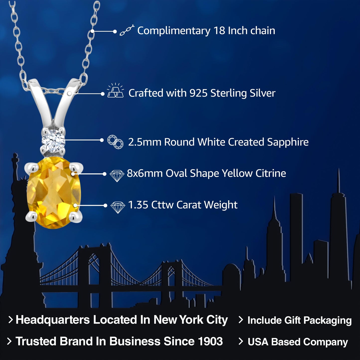 Gem Stone King 925 Sterling Silver Yellow Citrine and White Created Sapphire Pendant Necklace For Women (1.35 Cttw, Oval 8X6MM, with 18 Inch Silver Chain)