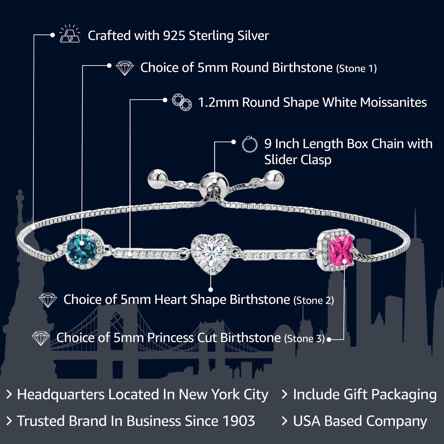 Gem Stone King 925 Sterling Silver Customized and Personalized Round Heart and Princess Cut 3-Stone Gemstone Birthstone Tennis Bracelet For Women By Keren Hanan | Fully Adjustable Up to 9 Inch