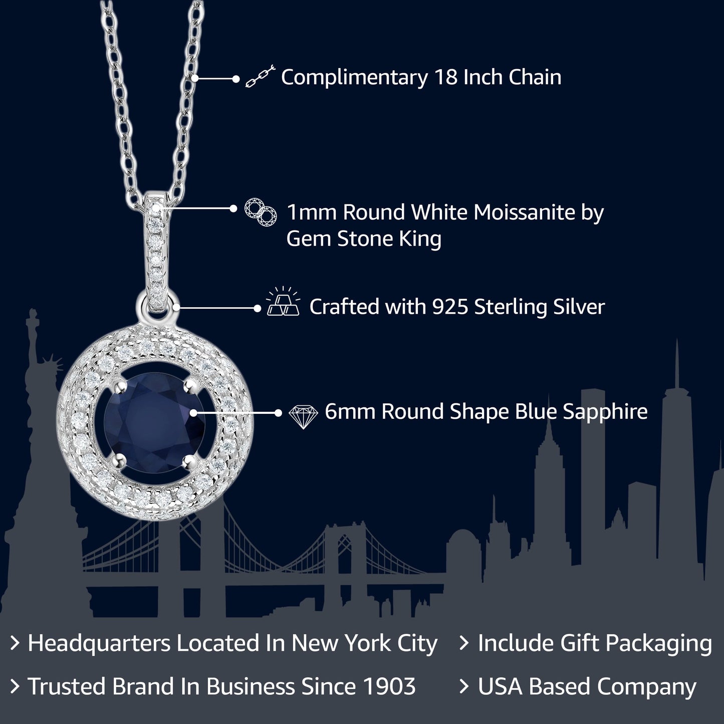 Gem Stone King 925 Sterling Silver Round Blue Sapphire and White Moissanite Pendant Necklace For Women (1.35 Cttw, Gemstone Birthstone, with 18 Inch Chain)