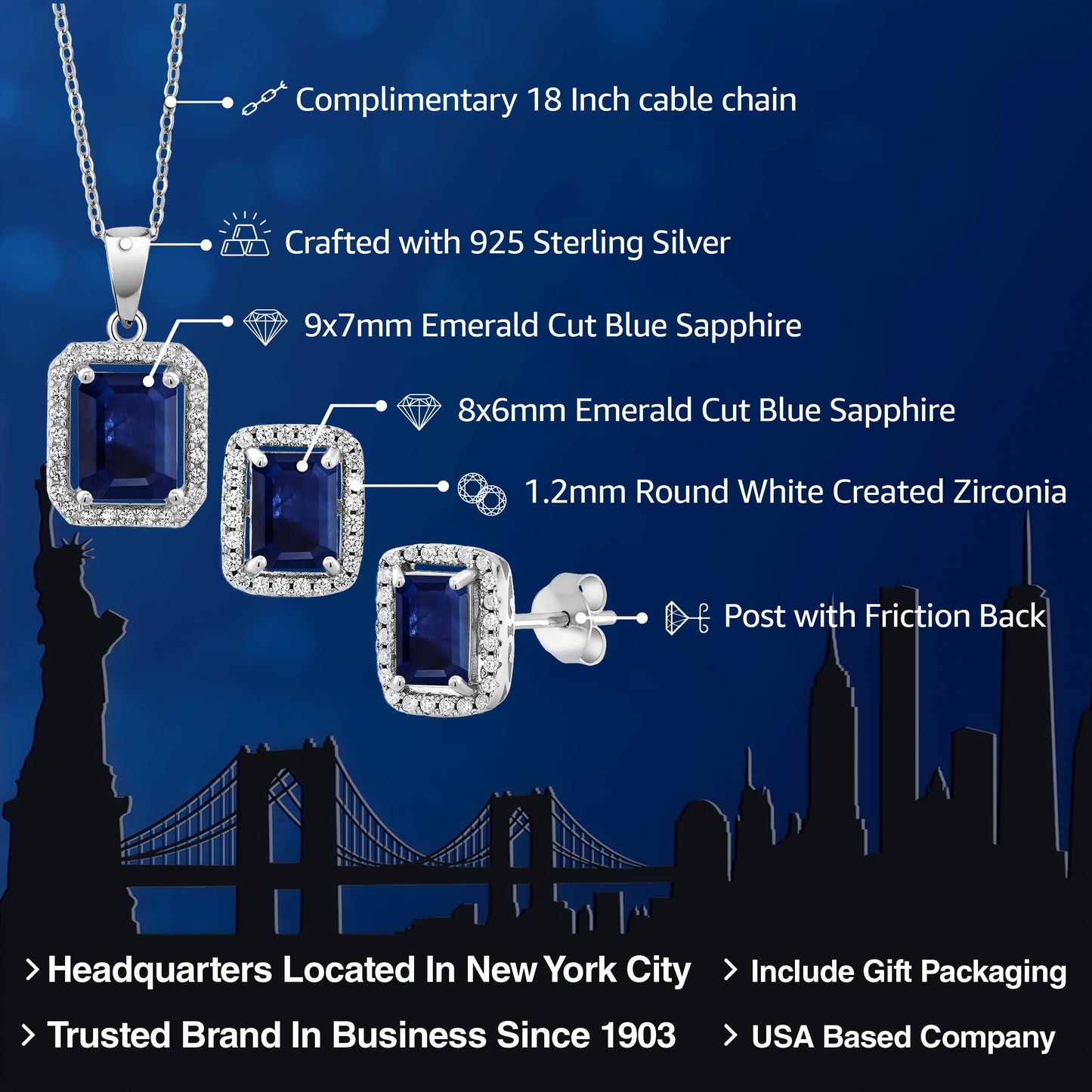 Gem Stone King 9X7MM and 8X6MM Emerald Cut Gemstone Birthstone Halo Pendant and Halo Earrings Jewelry Set For Women | 925 Sterling Silver | With 18 Inch Silver Chain