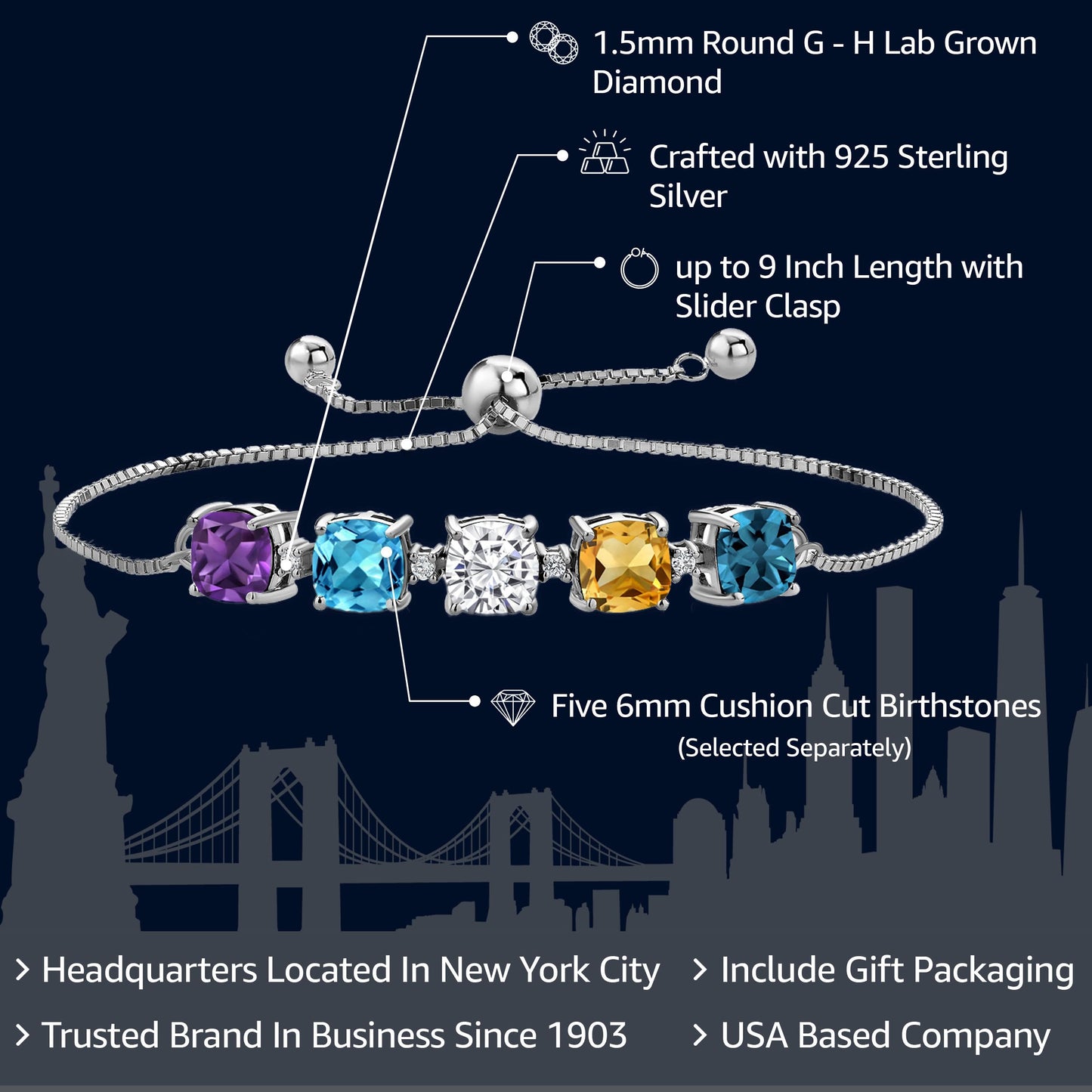 Gem Stone King 925 Sterling Silver 6MM Cushion Gemstone Birthstone and Lab Grown Diamond Tennis Bracelet For Women | Bollo Bracelet | Fully Adjustable Up to 9 Inch | Easy-On Easy-Off