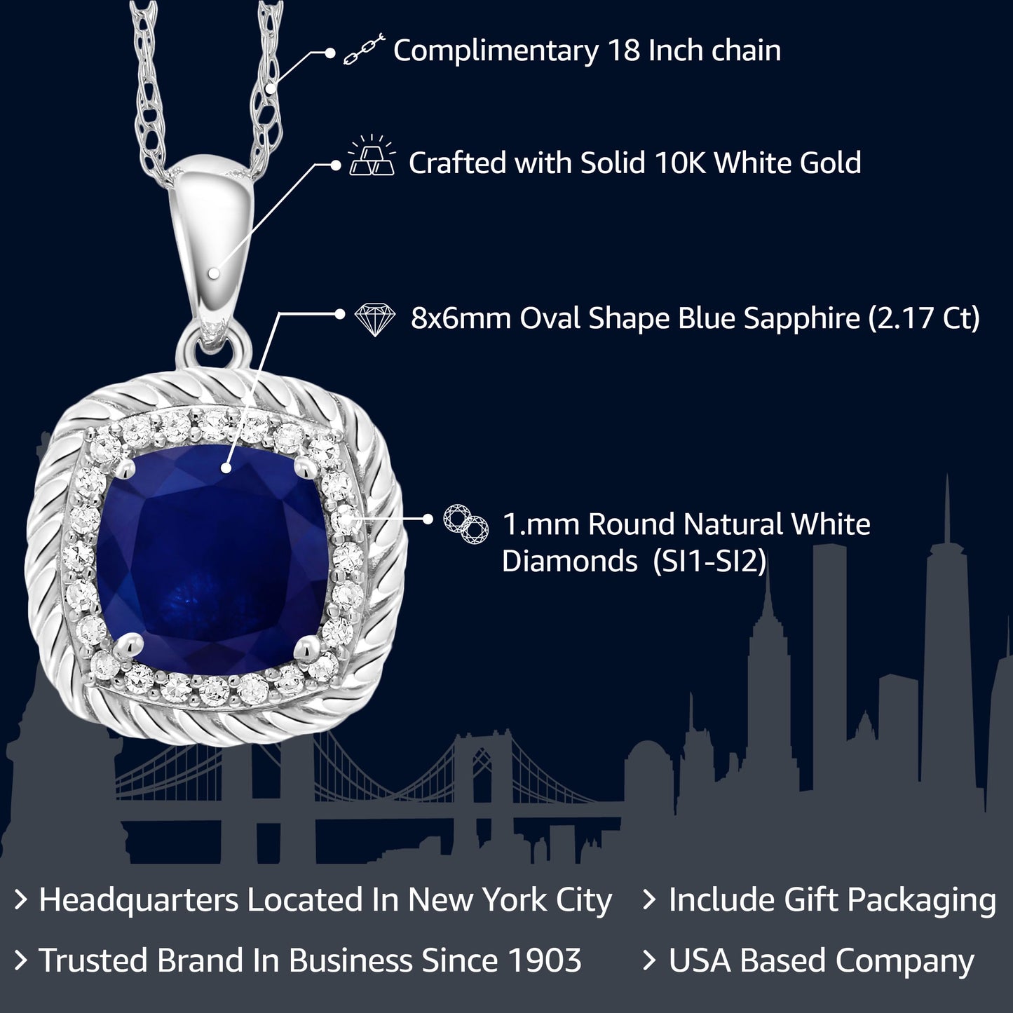 Gem Stone King 10K White Gold 7MM Cushion Gemstone Birthstone and White Diamond Halo Pendant Necklace | Gold Necklace For Women | With 18 Inch Chain