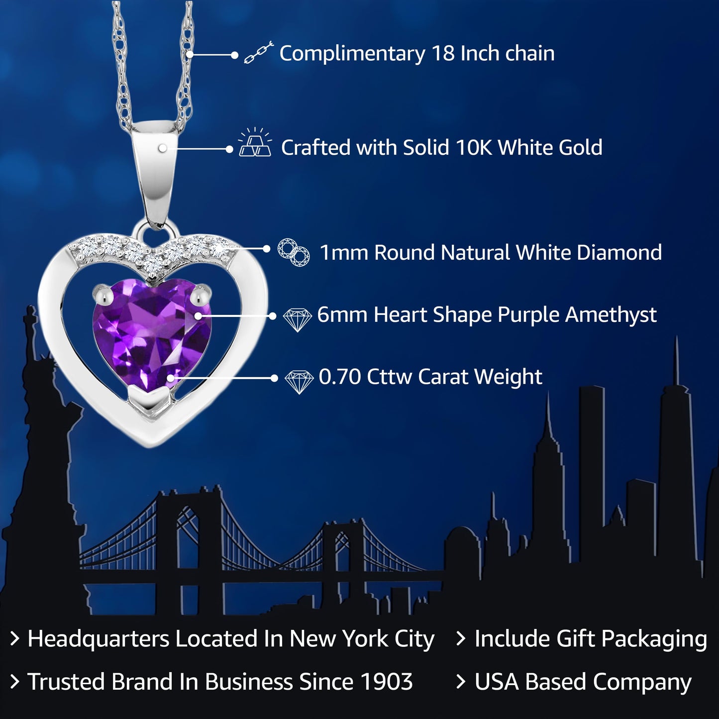 Gem Stone King 10K White Gold 6MM Heart Shape Gemstone Birthstone and White Diamond Pendant Necklace | Gold Necklace for Women | With 18 Inch Chain