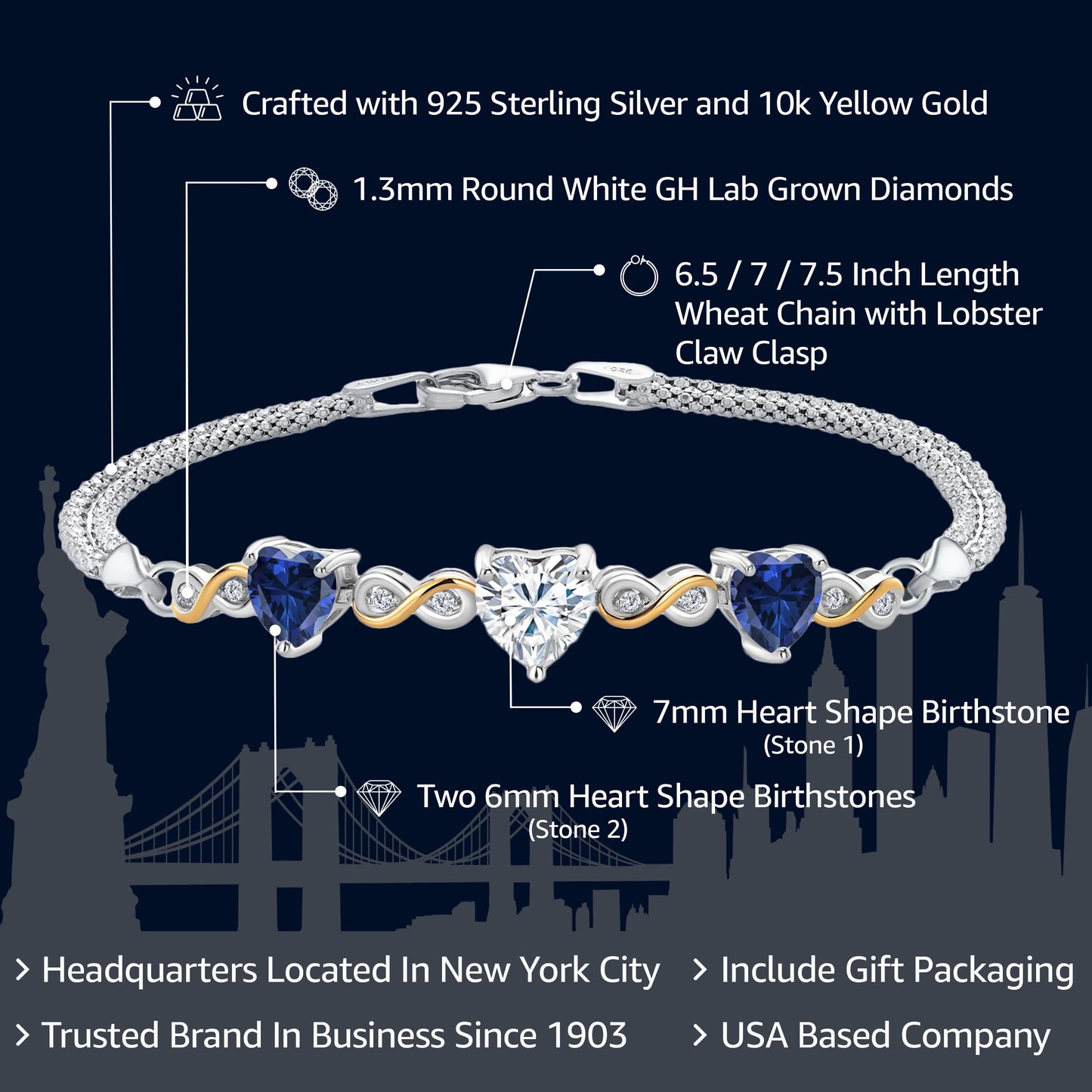 925 Silver and 10K Yellow Gold 925 Silver and 10K Yellow Gold Customized and your Own Personalized 7MM and 6MM Birthstones and Lab Grown Diamond Bracelet For Women 6.5/7/7.5 Inch Length, Made In Italy