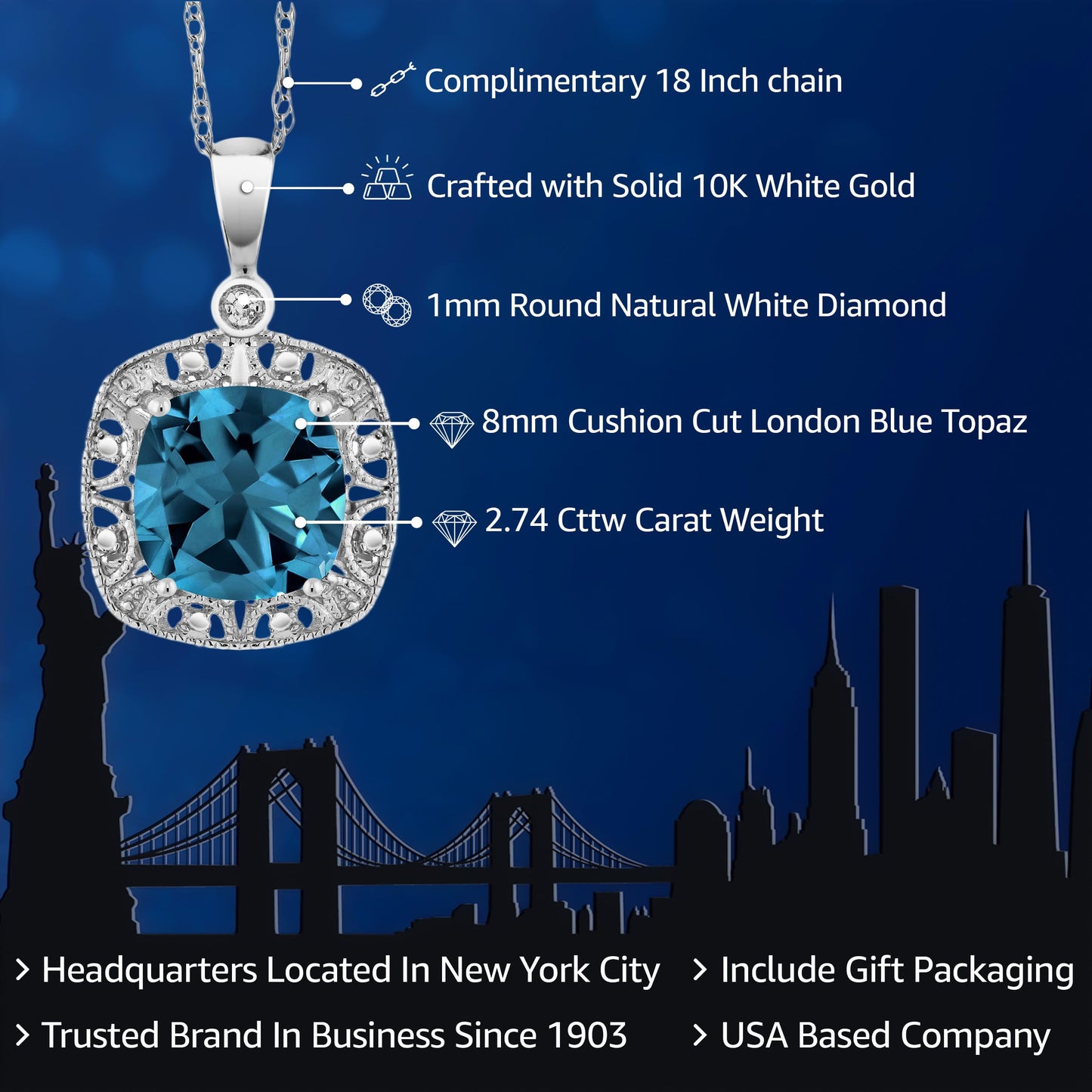 Gem Stone King 10K White Gold London Blue Topaz and White Diamond Accent Pendant Necklace For Women (2.74 Cttw, Gemstone Birthstone, 8MM Cushion Cut Center)