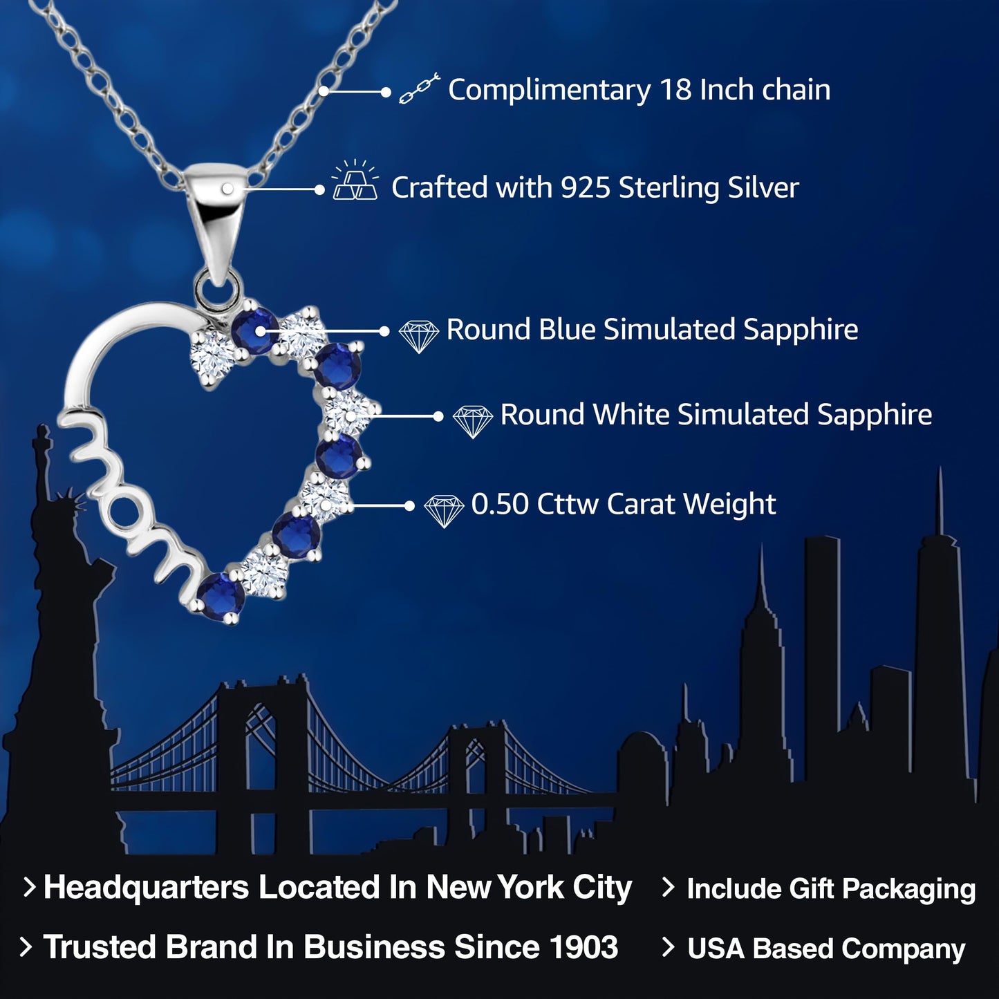 Gem Stone King 925 Sterling Silver Created White and Blue Sapphire Heart MOM Pendant Necklace For Women with 18 Inch Silver Chain