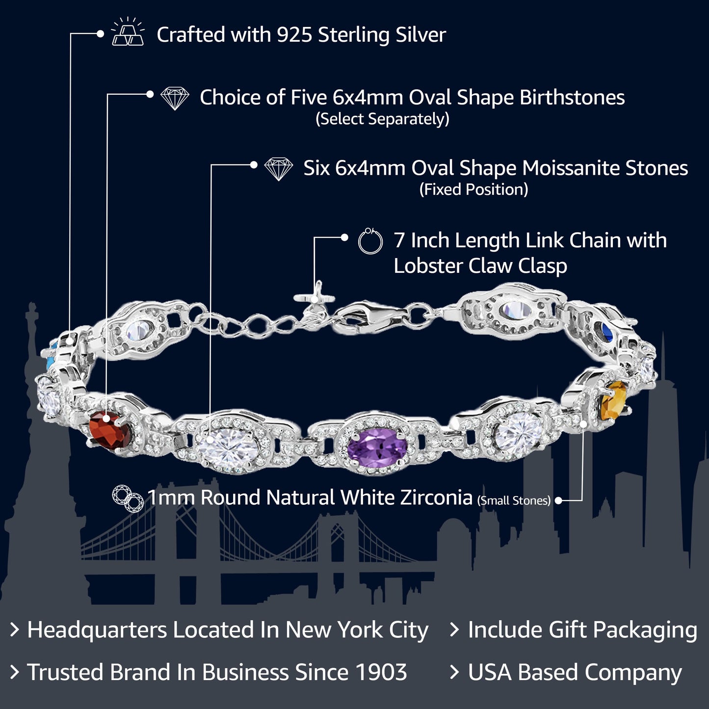 Gem Stone King 925 Sterling Silver Customized and Personalized 5 Stone Gemstone Birthstone Selection and 6 Stone White Created Moissanite Tennis Bracelet For Women (7 Inch with 1 Inch Extender)