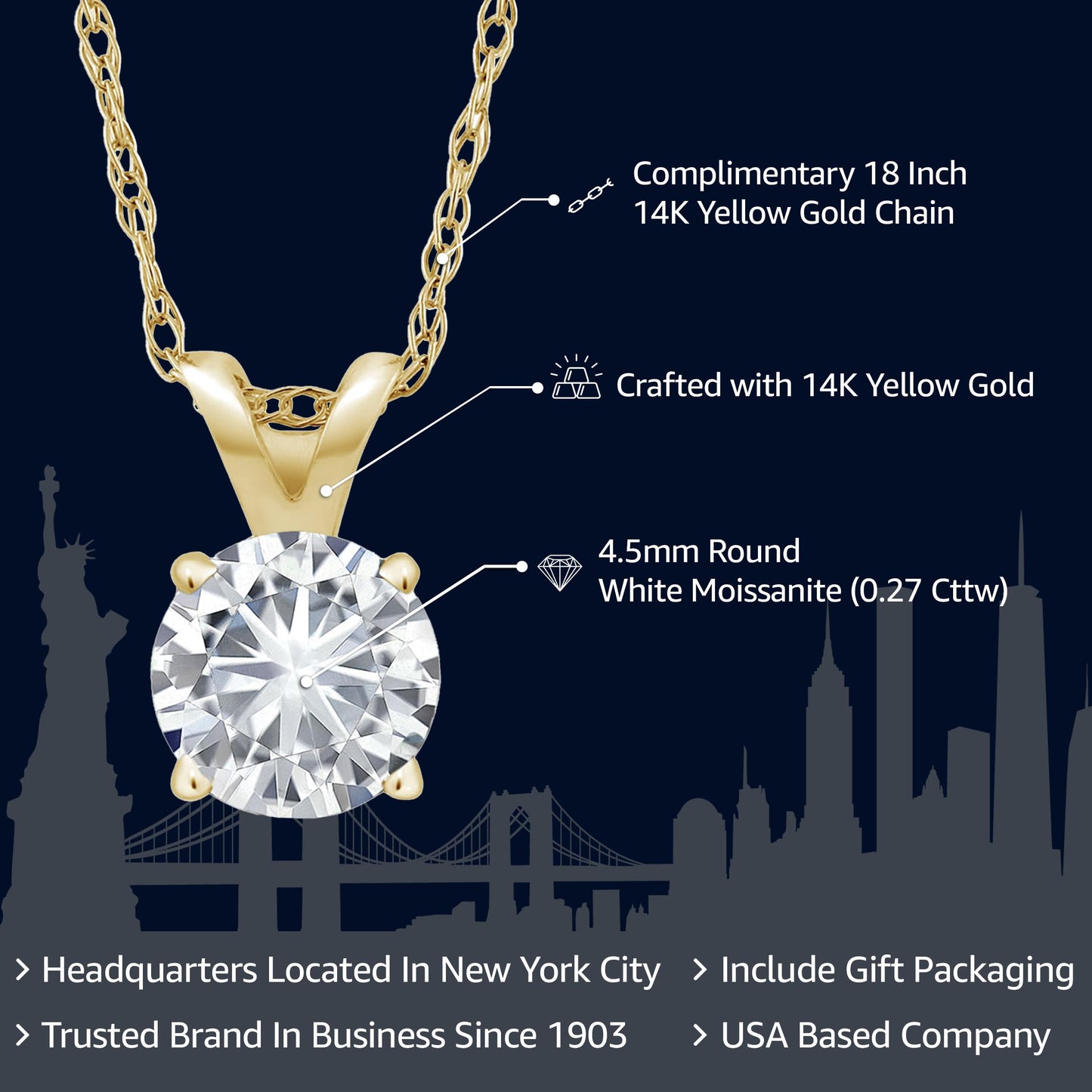 Gem Stone King 14K Yellow Gold White Moissanite Solitaire Pendant Necklace For Women | 0.27 Cttw | Round 4.5MM | With 18 inch Chain