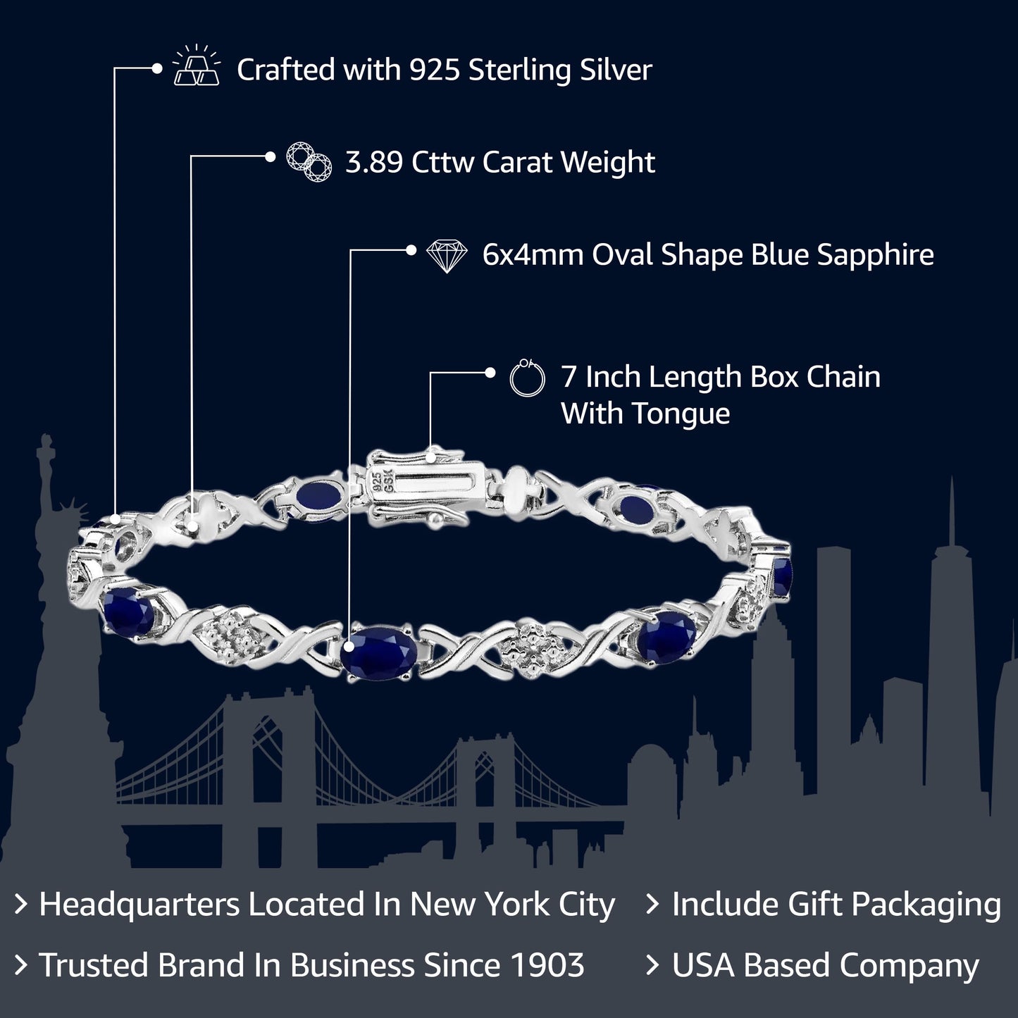 Gem Stone King 925 Sterling Silver Blue Sapphire Tennis Bracelet For Women (4.44 Cttw, Gemstone September Birthstone, Oval 6X4MM, 7 Inch)