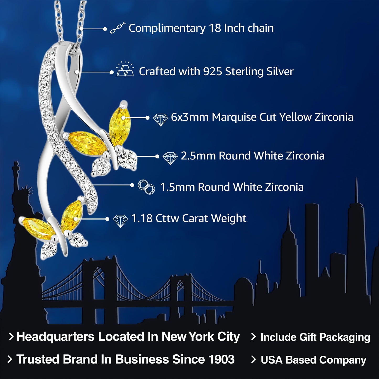 Gem Stone King Butterfly Infinity Pendant Necklace For Women In 925 Sterling Silver | 1.18 Cttw | Yellow Marquise and White Round Cut Zirconia | With 18 Inch Chain